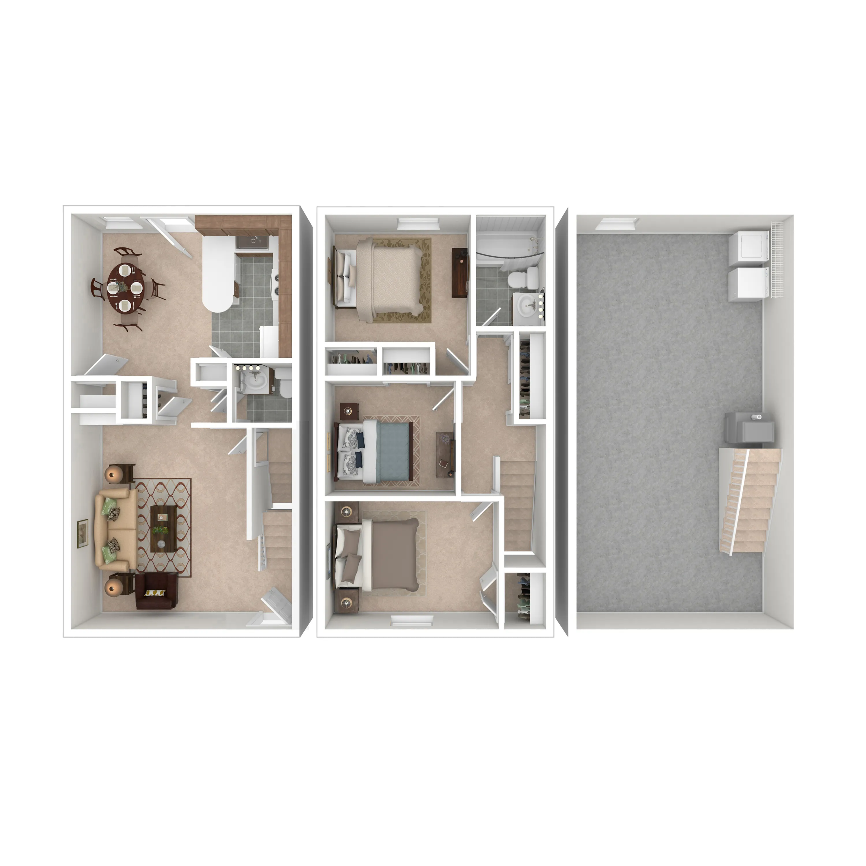 Charming 3D floor plan showcasing a modern 3-bedroom layout with a cozy living room, stylish dining area, and spacious garage.