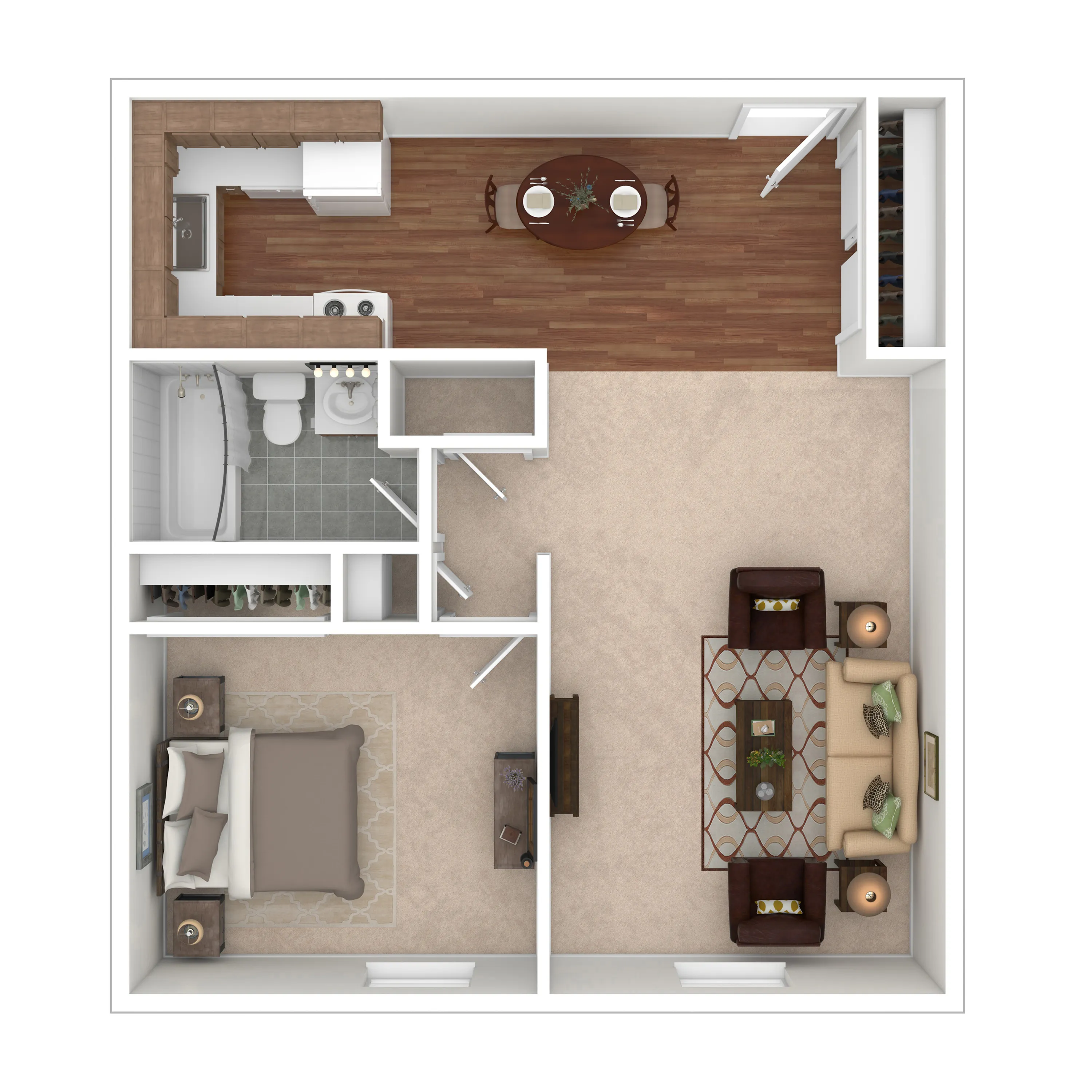 Elegant floor plan showcasing a 1-bedroom layout with a cozy living area, modern kitchen, and stylish dining space.