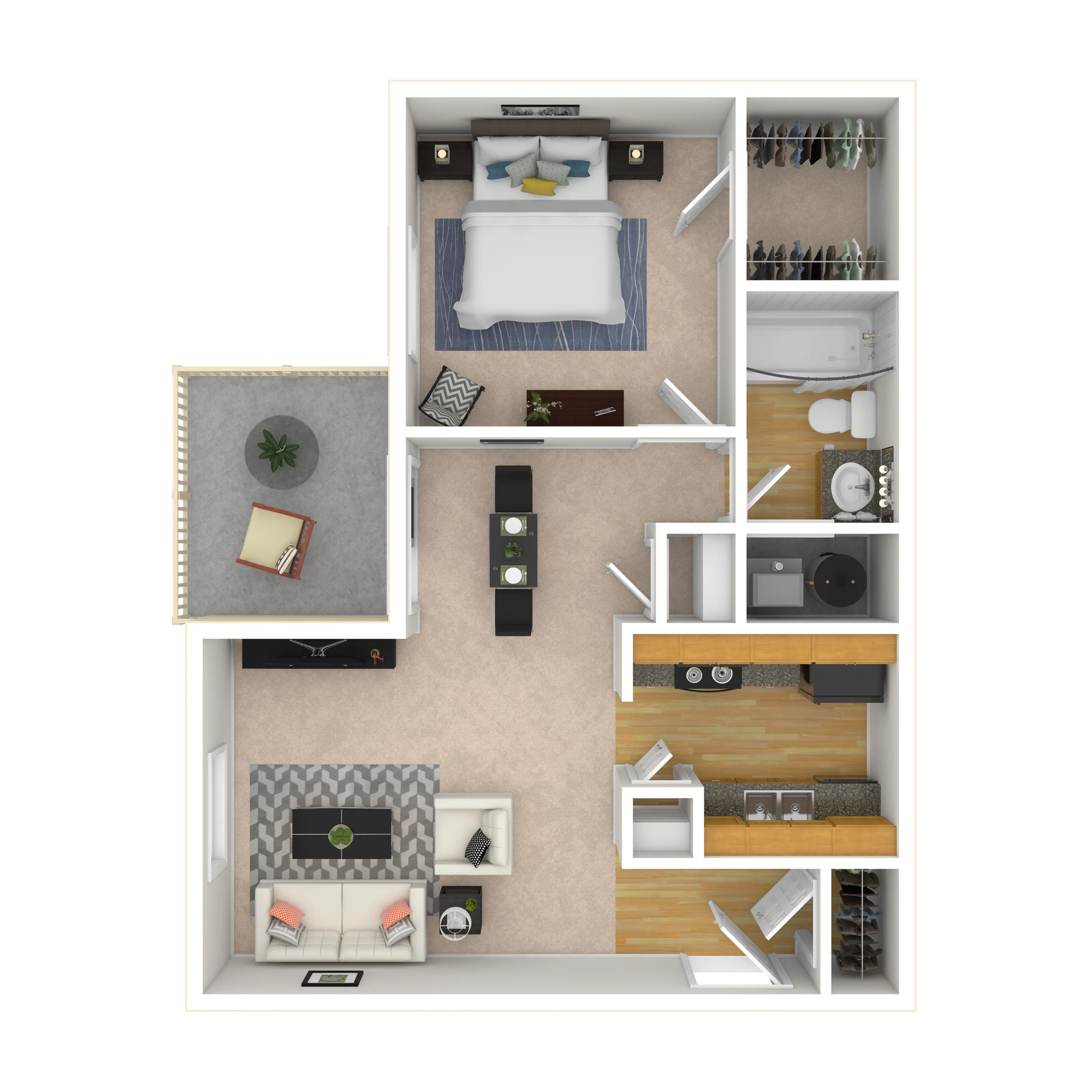 Modern 1-bedroom apartment floor plan featuring an open-concept living room, dine-in kitchen, and private balcony with a view.