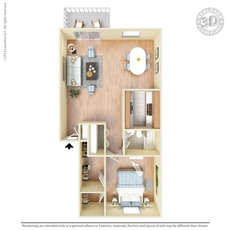 Inviting 3D floor plan featuring one bedroom, a cozy living area, dining space, modern kitchen, and a balcony perfect for relaxation.