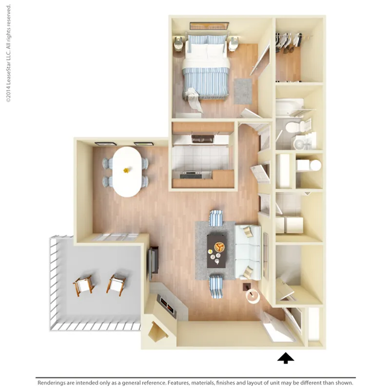 Modern 3D floor plan showcasing a single bedroom, cozy living area, efficient kitchen, and balcony, perfect for stylish urban living.