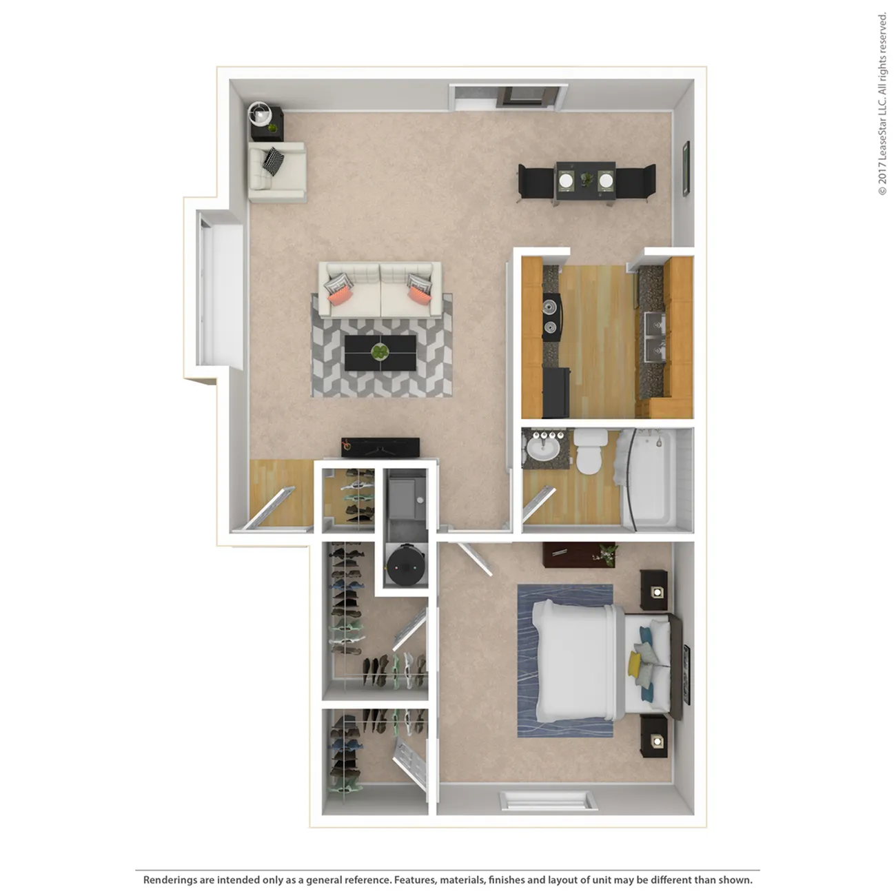 Modern 2D floor plan showcasing a stylish one-bedroom apartment with an open living area, cozy kitchen, and a spacious bathroom.