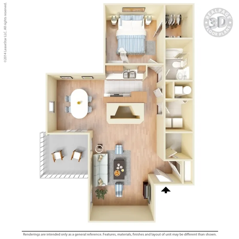 Charming 3D floor plan showcasing a cozy 1-bedroom apartment with an open kitchen, elegant dining area, inviting living room, stylish bathroom, and private balcony.
