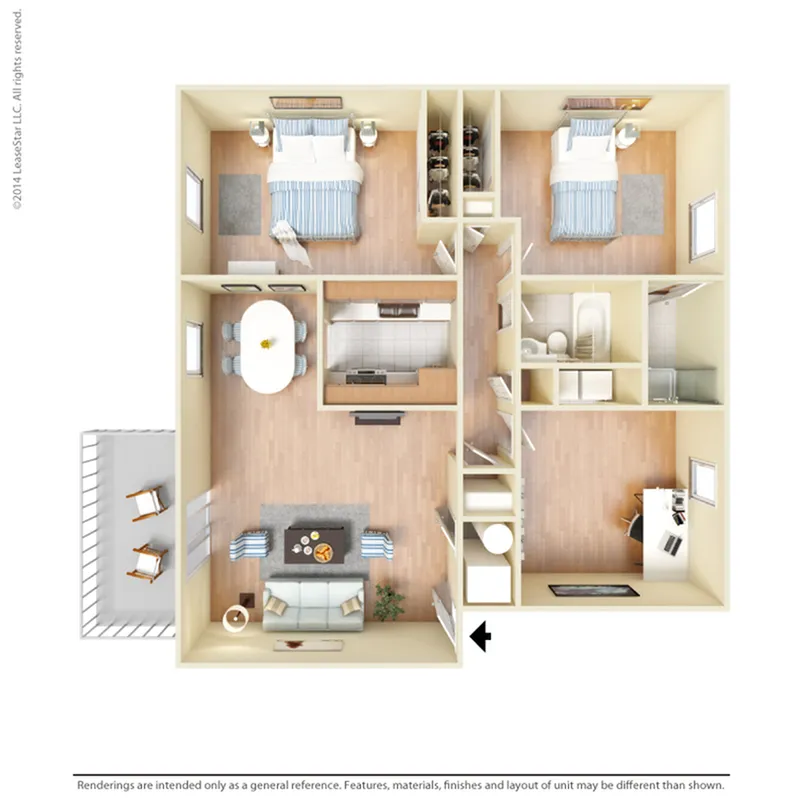Beautifully designed floor plan showcasing 2 spacious bedrooms, an inviting open living area, a modern kitchen, and a cozy balcony.