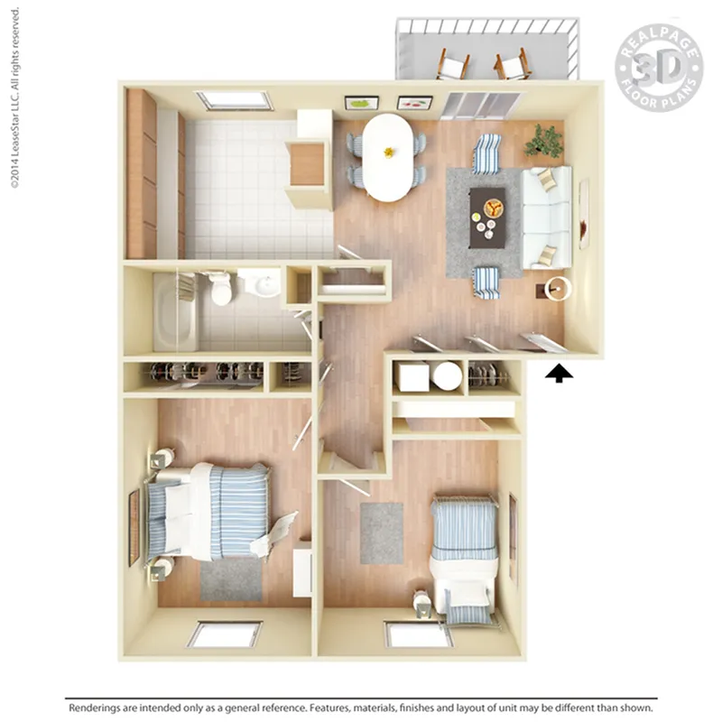 Charming 3D floor plan showcasing 2 bedrooms, a cozy living room, dining area, and a compact kitchen, perfect for modern living.