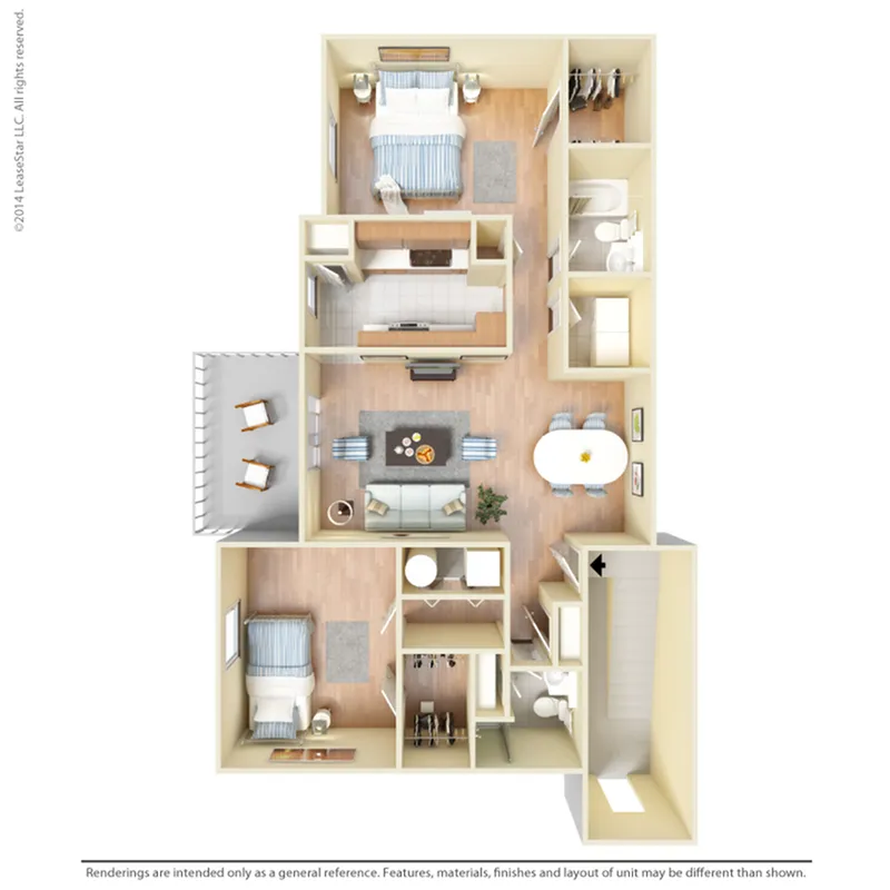 Charming 3D floor plan with two cozy bedrooms, an elegant living room, sleek kitchen, and private balcony.