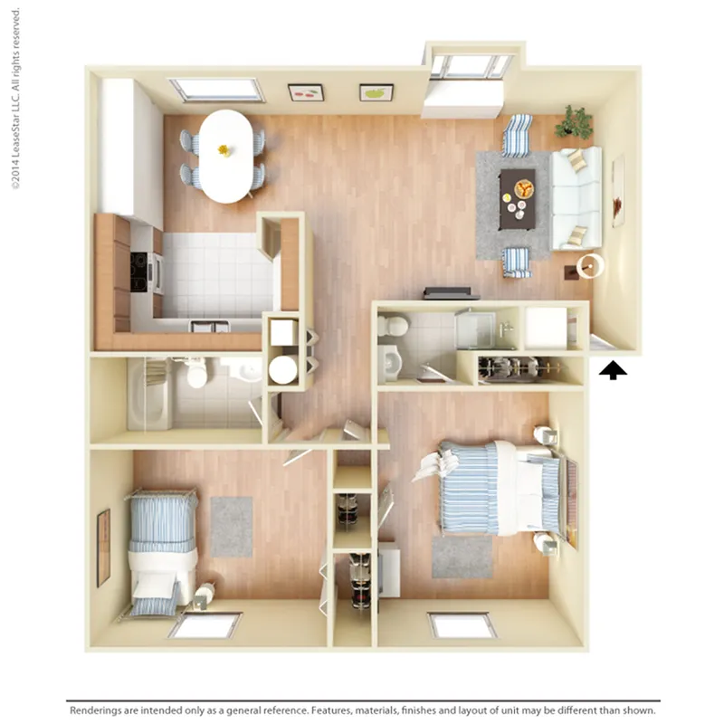 Inviting 2D floor plan showcasing 2 cozy bedrooms, stylish open-concept kitchen, and comfortable living area.
