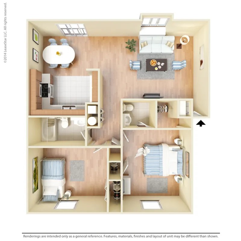 Charming floor plan illustrating 2 cozy bedrooms, inviting open-concept living and dining area, modern kitchen, and elegant bathroom.