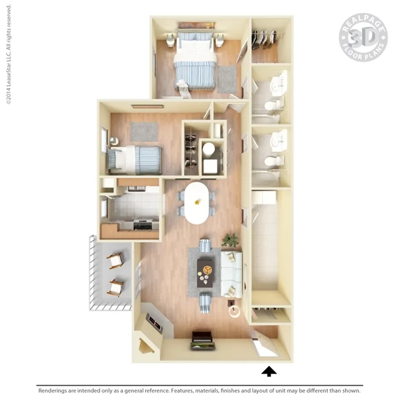 Charming 3D floor plan featuring 2 bedrooms, 2 bathrooms, a cozy open-concept living and dining area, a modern kitchen, and a welcoming balcony.