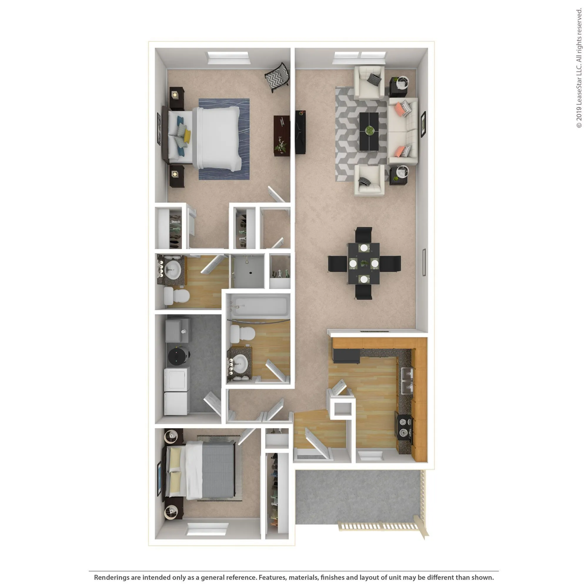 Contemporary floor plan showcasing 2 bedrooms, an inviting open-concept living and dining area, modern kitchen, and two bathrooms.
