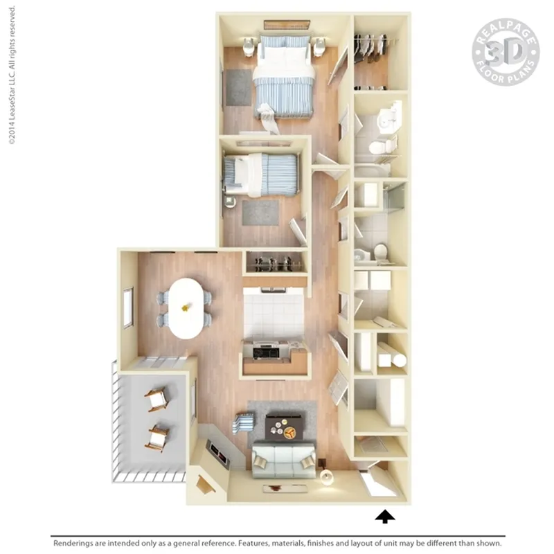 Charming 3D floor plan showcasing 2 bedrooms, an inviting living area, a modern kitchen, and a cozy dining space with balcony access.