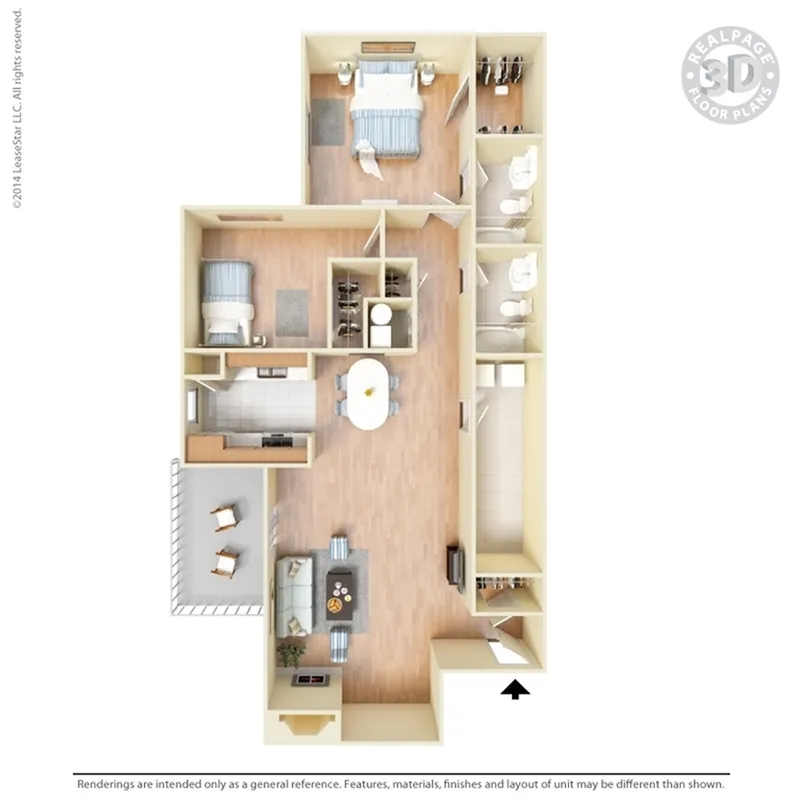Modern 3D floor plan with two cozy bedrooms, two bathrooms, an inviting open-concept living area, spacious kitchen, and a private balcony.