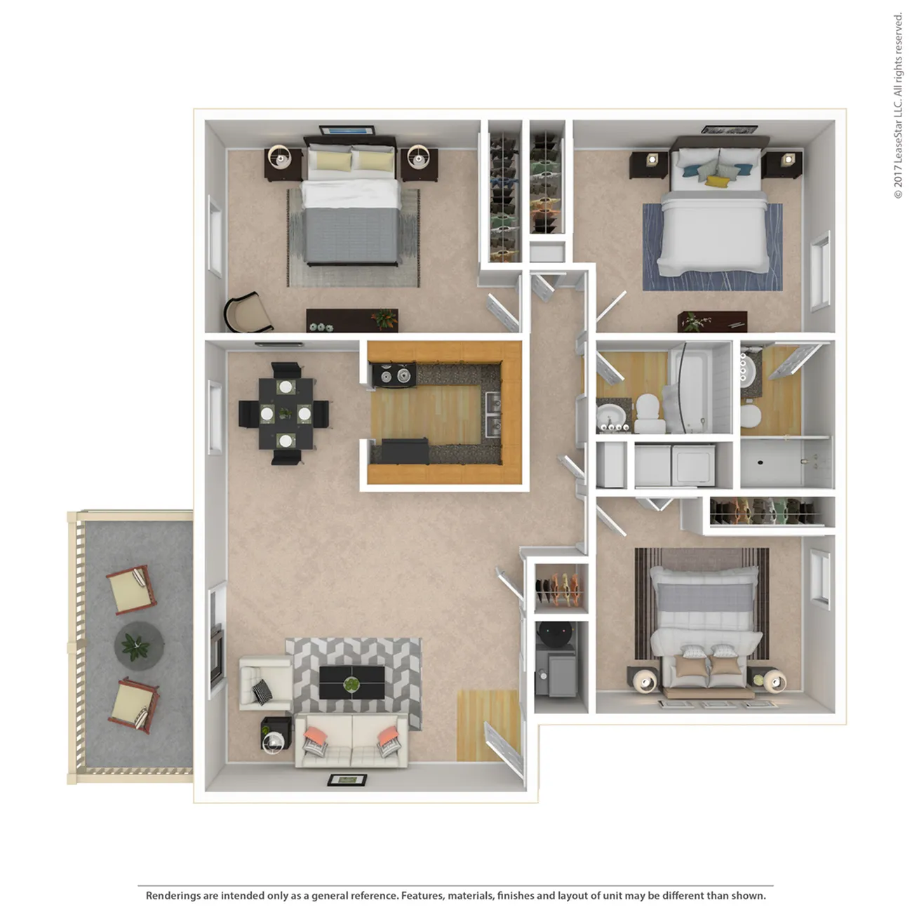 Chic 3-bedroom apartment floor plan with open living-dining area, modern kitchen, and balcony for relaxed living.