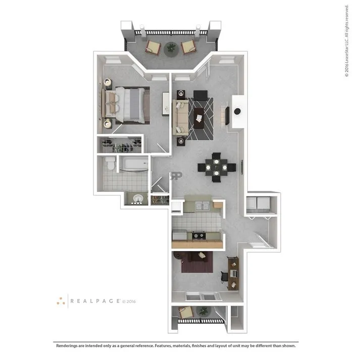 Modern 3D apartment floor plan showcasing 1 bedroom, elegant living room, dining area, stylish kitchen, and private balcony.
