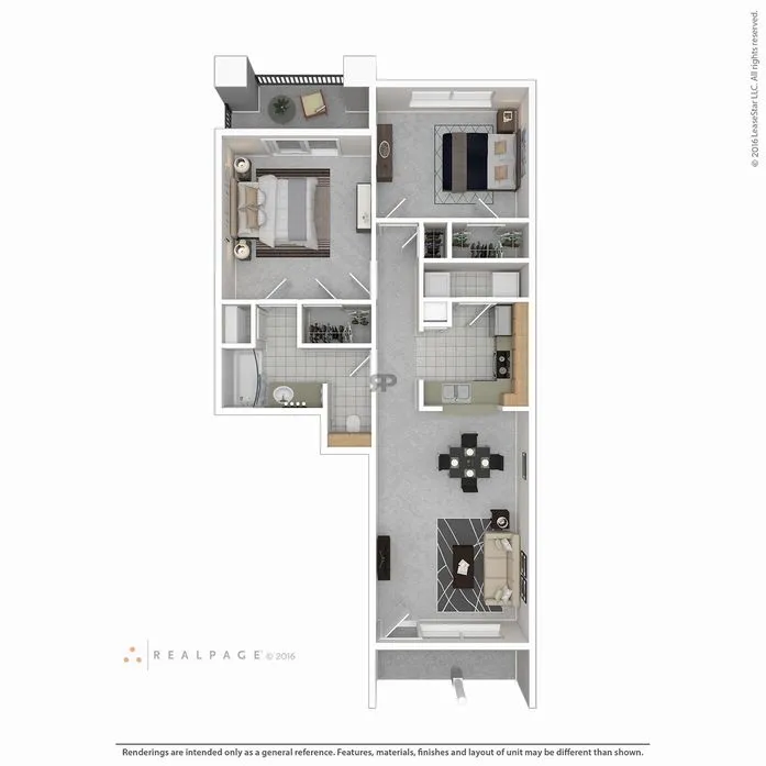Contemporary 2D floor plan showcasing a spacious one-bedroom layout with an open-concept living and dining area, modern kitchen, and a cozy balcony.