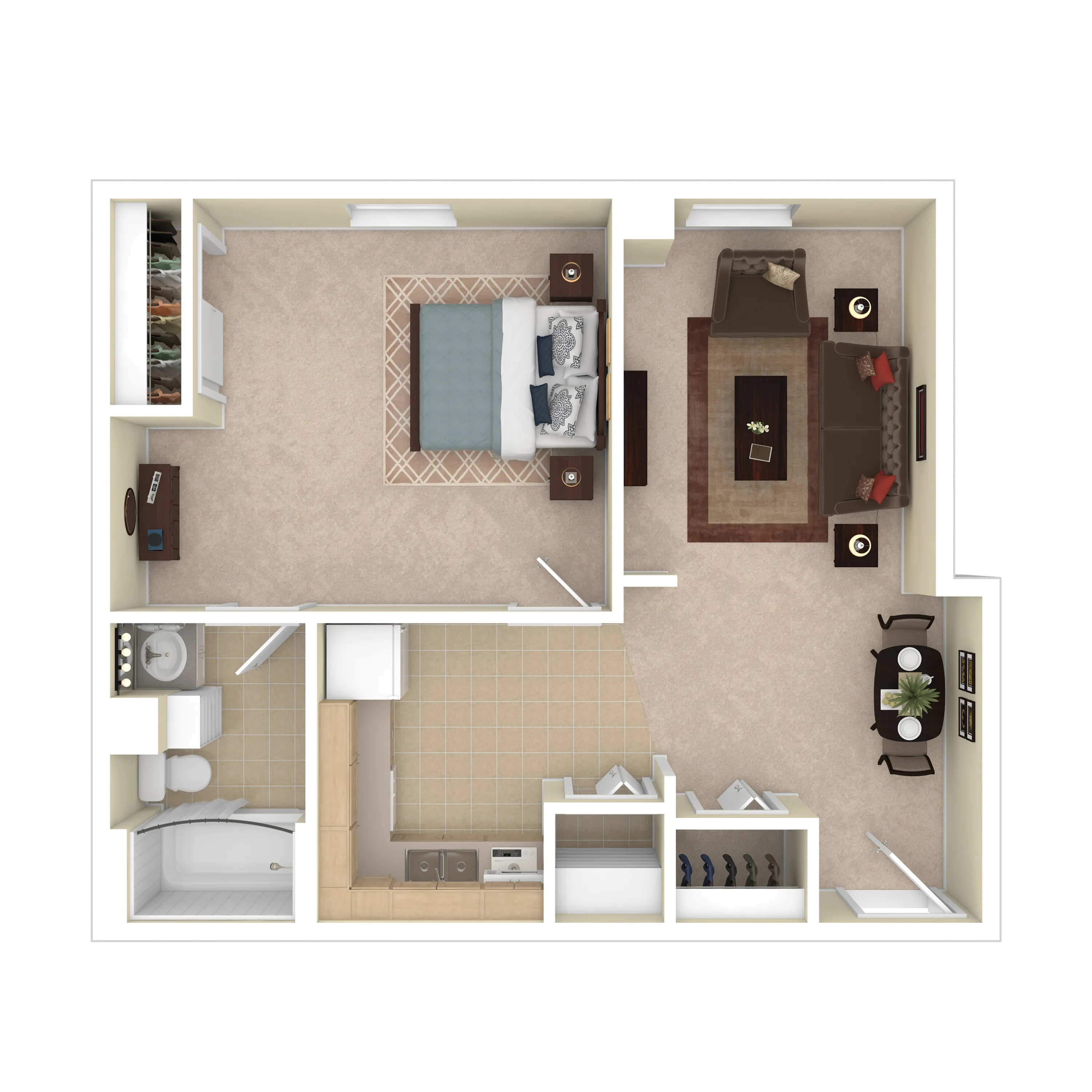 Cozy 3D floor plan showcasing a spacious bedroom, inviting living room with elegant furnishings, modern kitchen, and sleek bathroom.