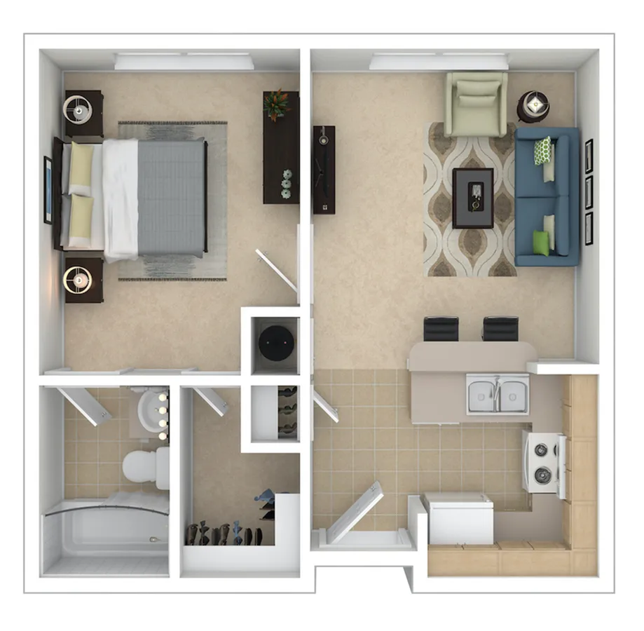Modern 1-bedroom apartment floor plan featuring an open-concept living area, cozy kitchen, and elegant bathroom layout.