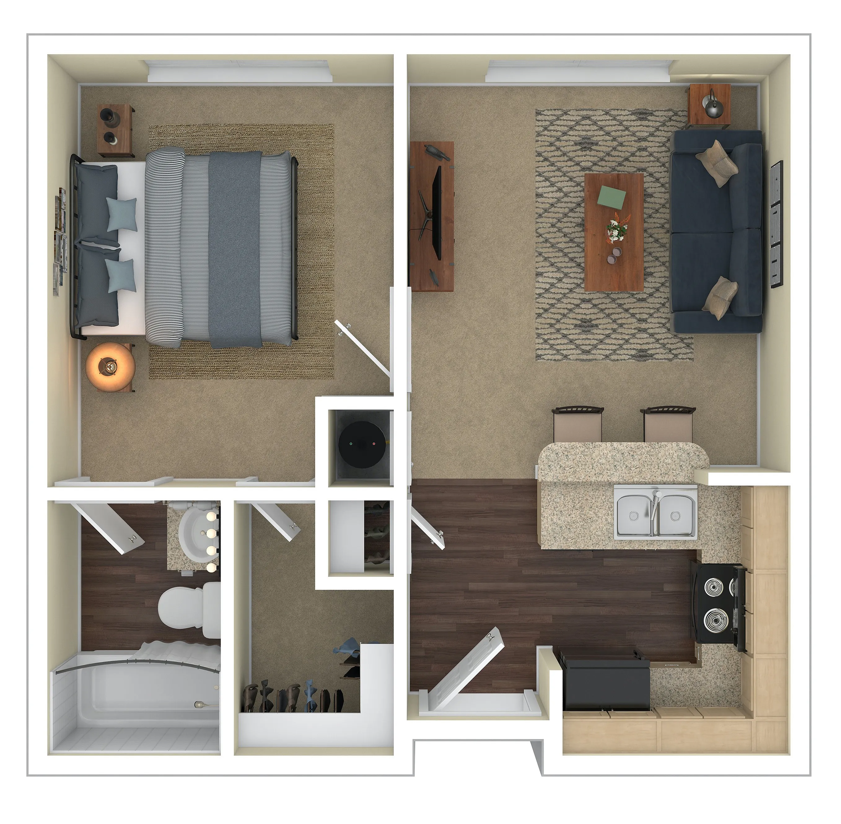 Charming floor plan showcasing a cozy one-bedroom apartment with a welcoming living area, modern kitchen with island seating, and a stylish bathroom.