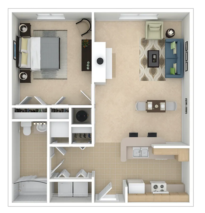 Modern floor plan showcasing a spacious bedroom, elegant living area with a cozy seating arrangement, and an open kitchen with dining space.