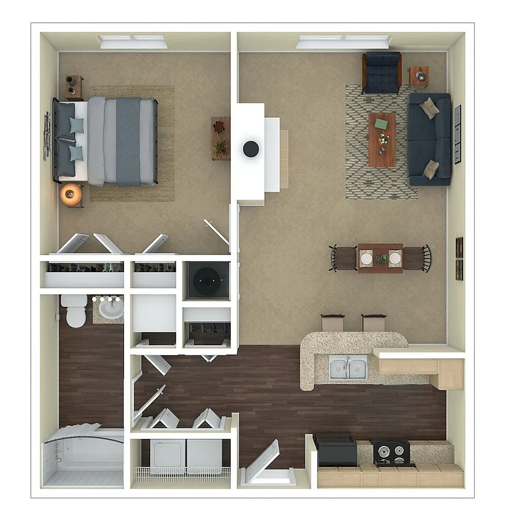 Beautifully designed 1-bedroom apartment floor plan featuring open-concept living and dining area, modern kitchen, and bathroom.