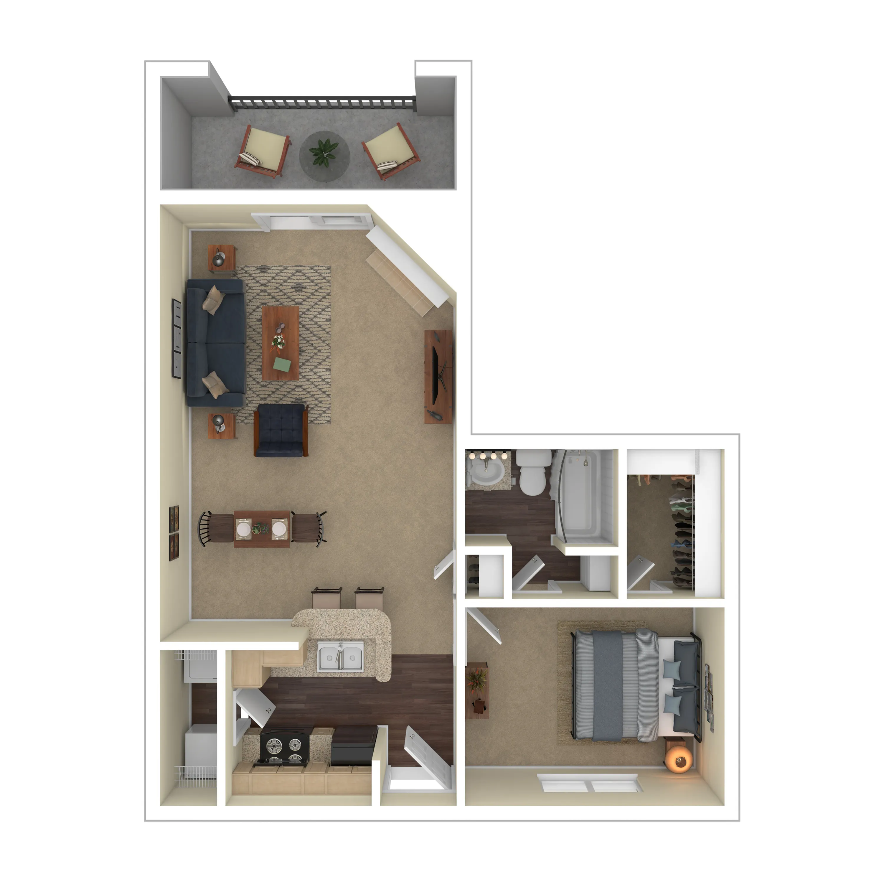 Modern 3D floor plan showcasing a spacious layout with one bedroom, a cozy living area, contemporary kitchen, and private balcony.