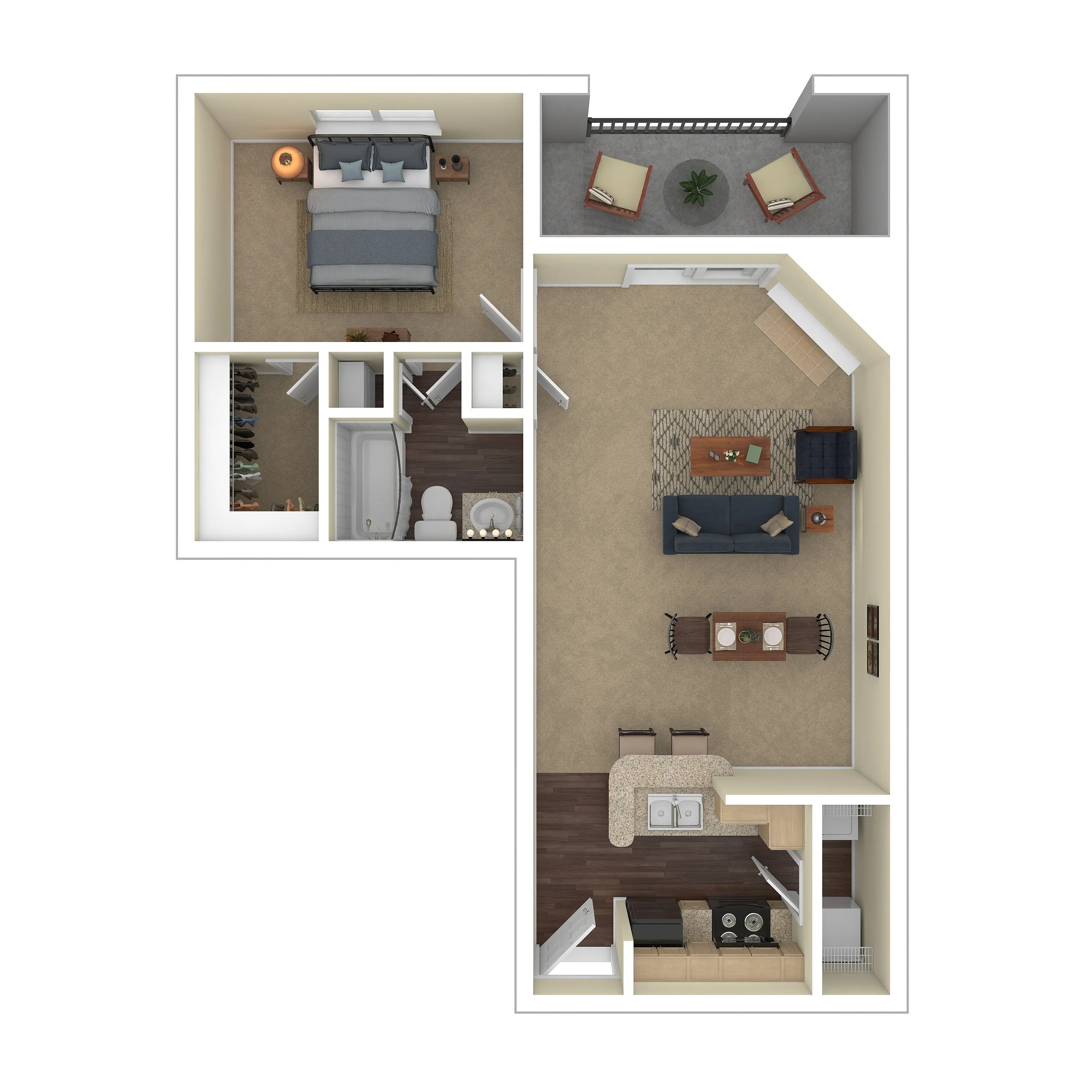 Chic 1-bedroom apartment floor plan showcasing a cozy living area, modern kitchen, bathroom, and inviting balcony.