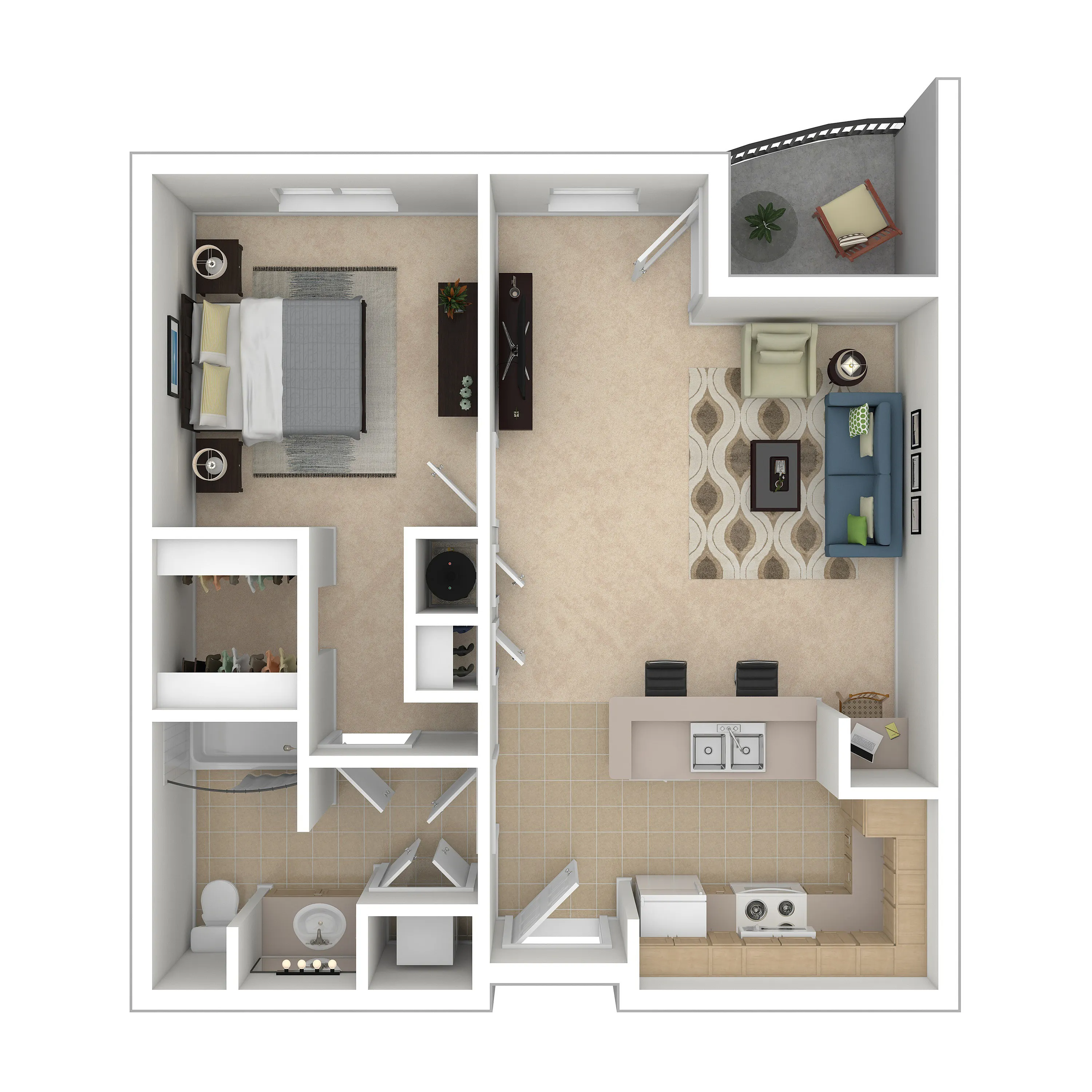 Modern 3D floor plan showcasing 1 bedroom, open-concept living and dining area, cozy balcony, and a sleek kitchen layout.