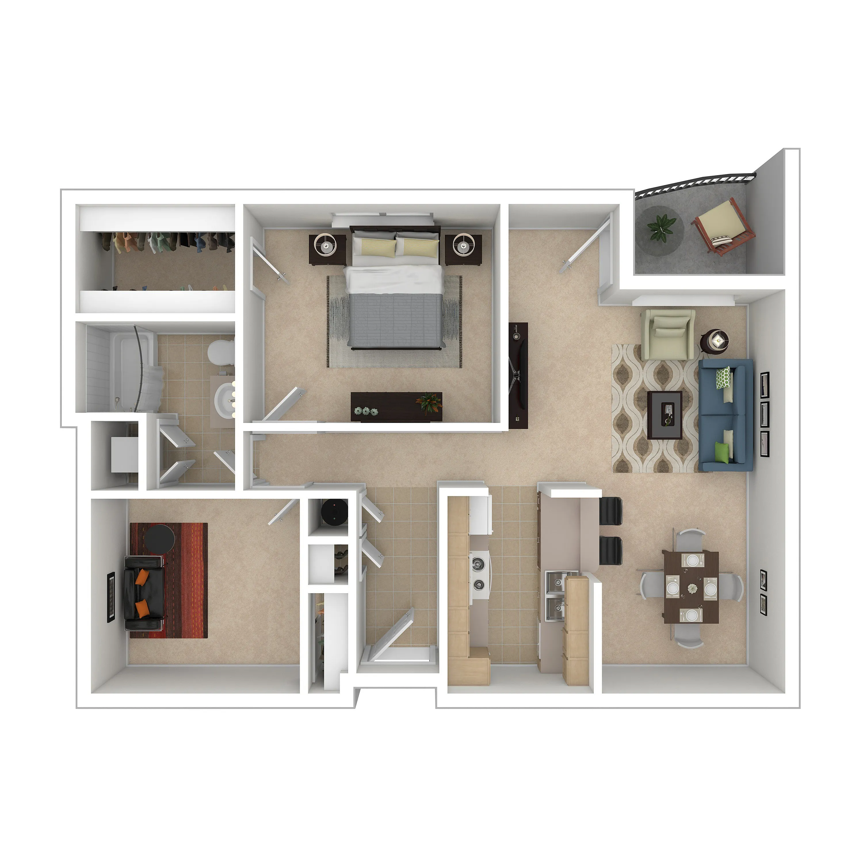 Contemporary floor plan featuring a spacious master bedroom, cozy living room, modern kitchen with dining area, home office space, and a relaxing balcony.