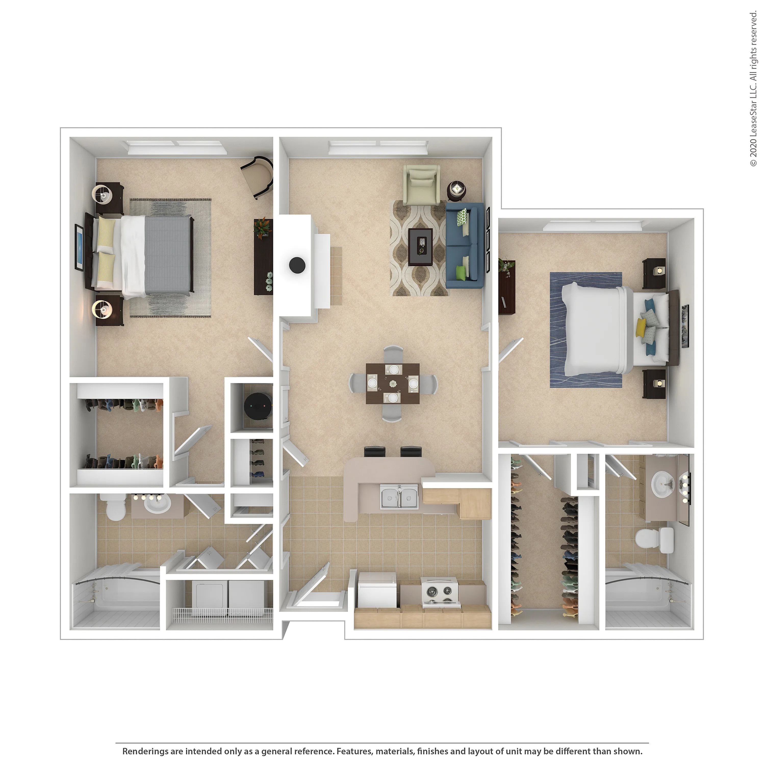 Modern 3D floor plan featuring 2 bedrooms, stylish living area, open kitchen, and private bathrooms, perfect for comfortable living.