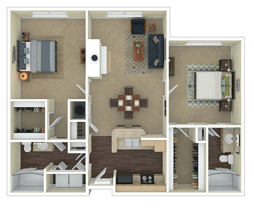 Modern 3D floor plan showcasing 2 bedrooms, spacious living room, and elegant kitchen layout in a cozy apartment setting.