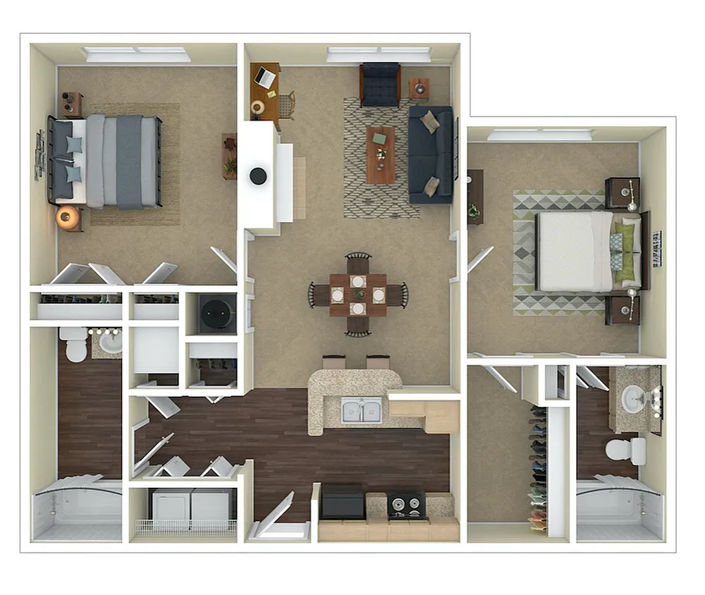 Inviting 3D floor plan showcasing 2 cozy bedrooms, a modern kitchen with a breakfast bar, and a stylish open-concept living and dining area.