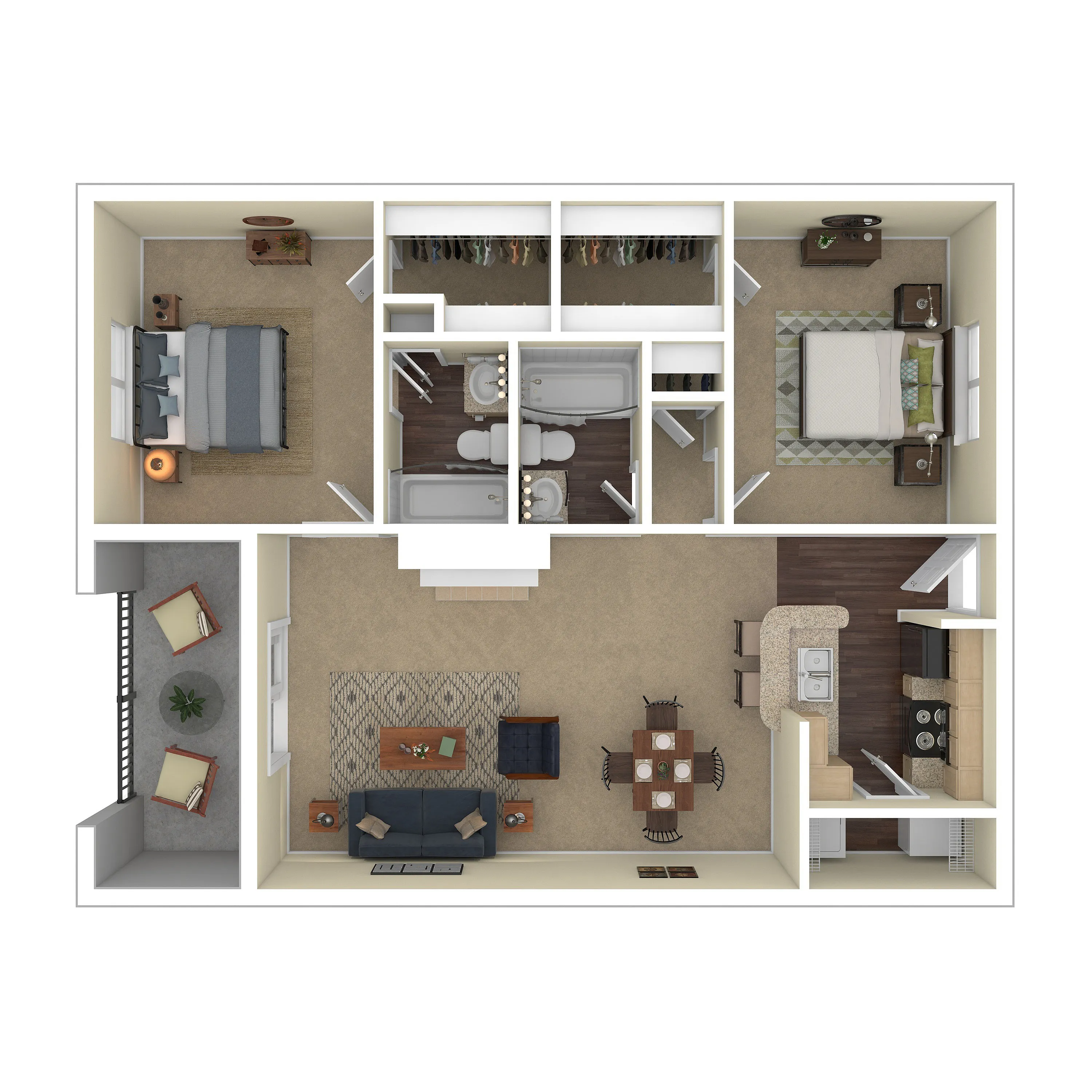 Spacious 3D floor plan featuring 2 bedrooms, 2 bathrooms, an elegant open-concept living and dining area, and a modern kitchen. Includes a cozy balcony space for relaxation.