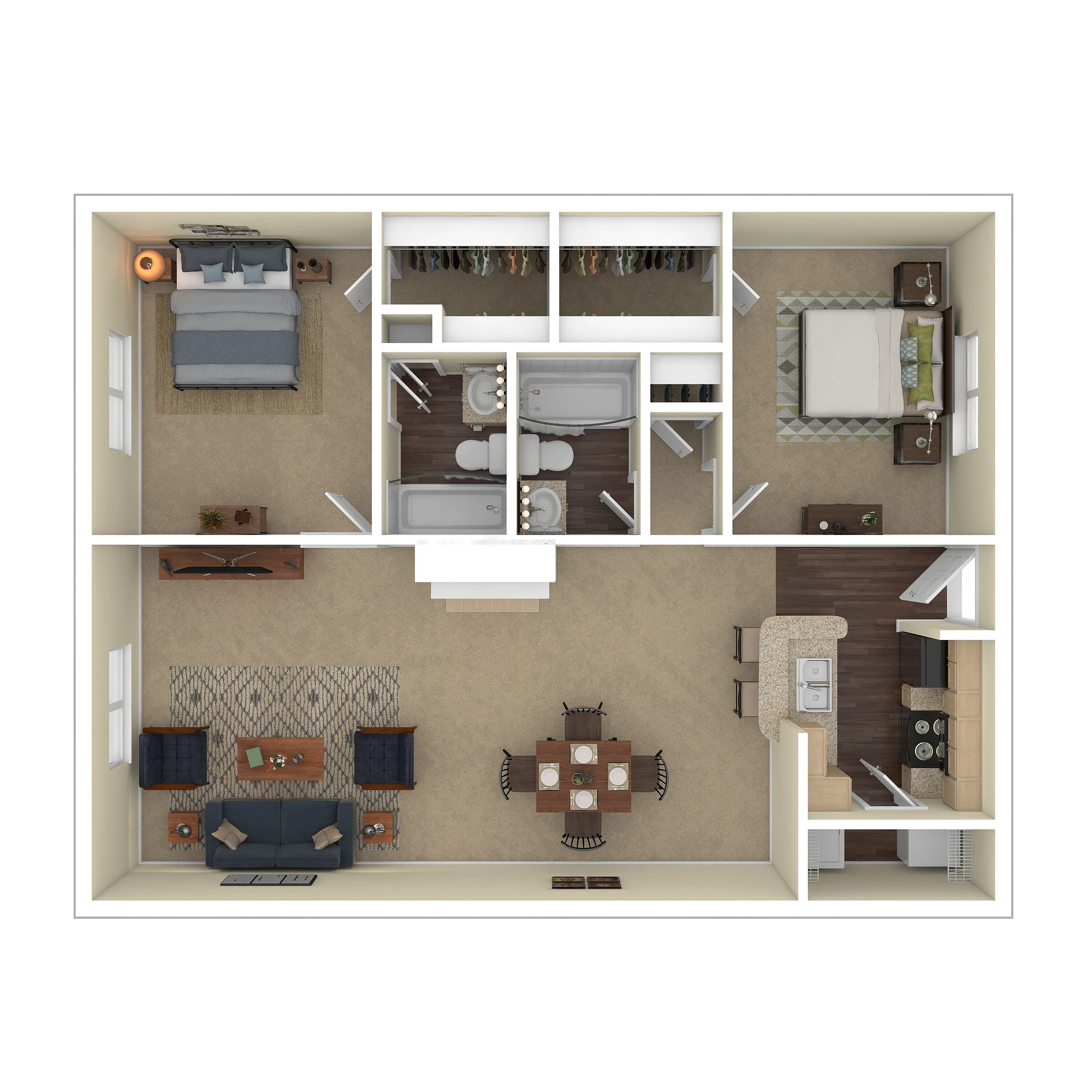 Charming 2 bedroom, 2 bathroom open floor plan featuring a cozy living room, modern kitchen, and ample storage space.