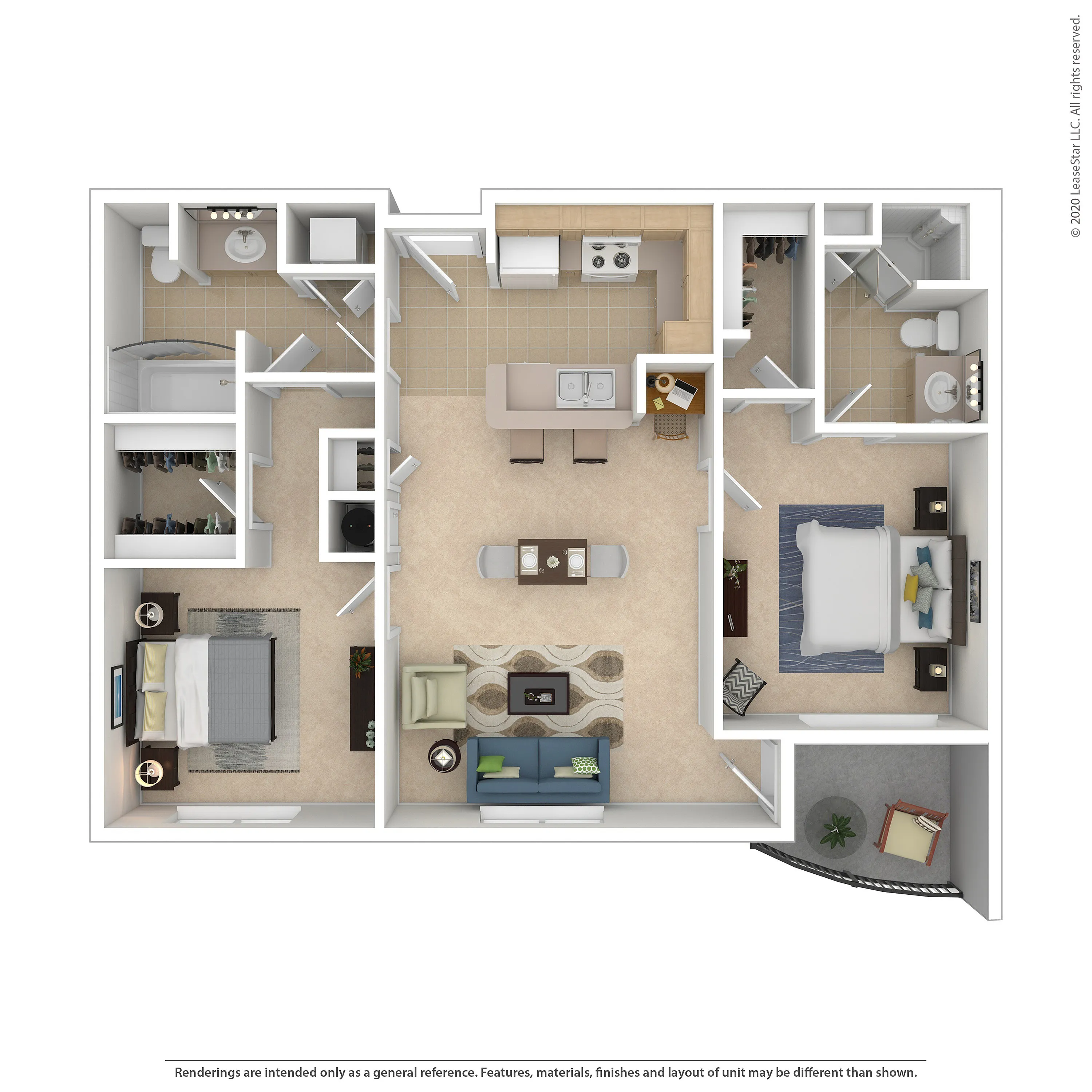 Modern 3D floor plan featuring 2 bedrooms, spacious living area, well-equipped kitchen, and 2 bathrooms, ideal for comfortable living.