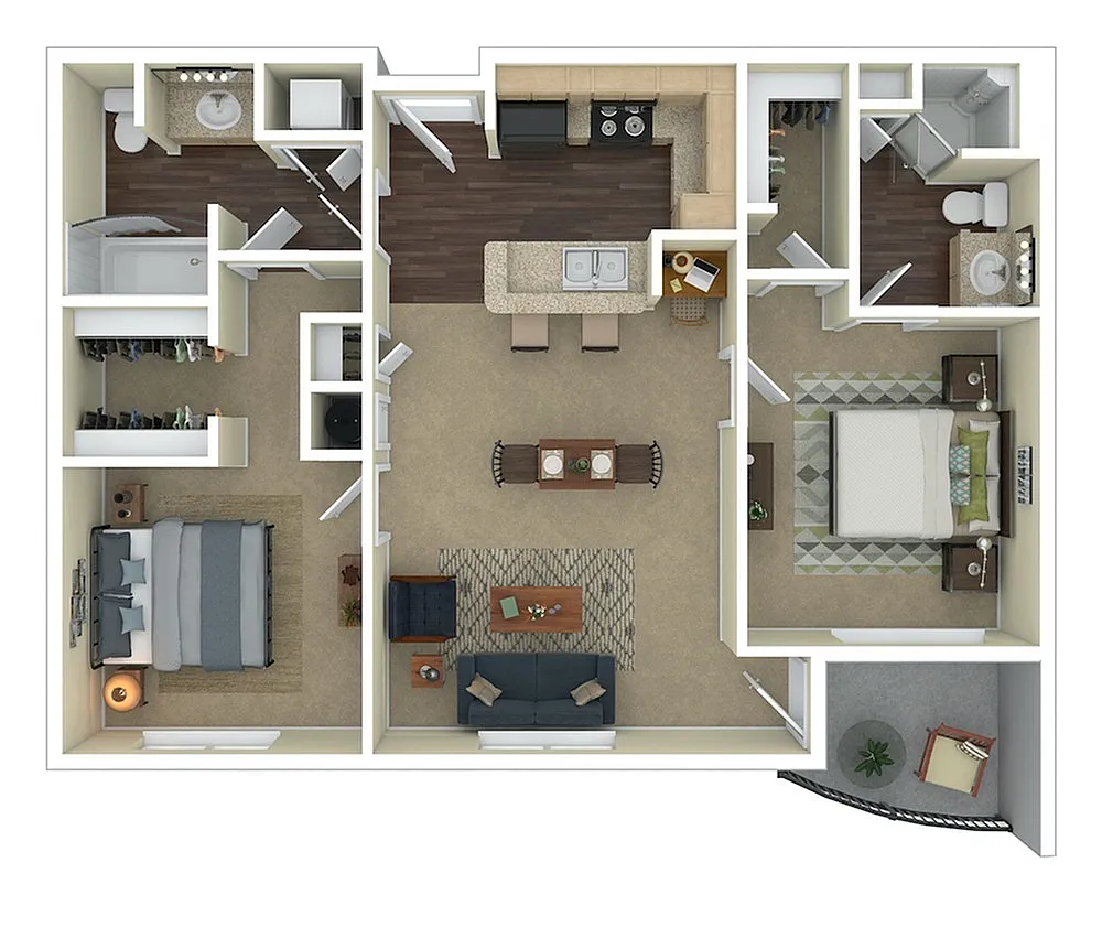 Inviting 3D floor plan showcasing 2 bedrooms, elegant living area, modern kitchen with island, and two bathrooms, featuring a cozy balcony space.