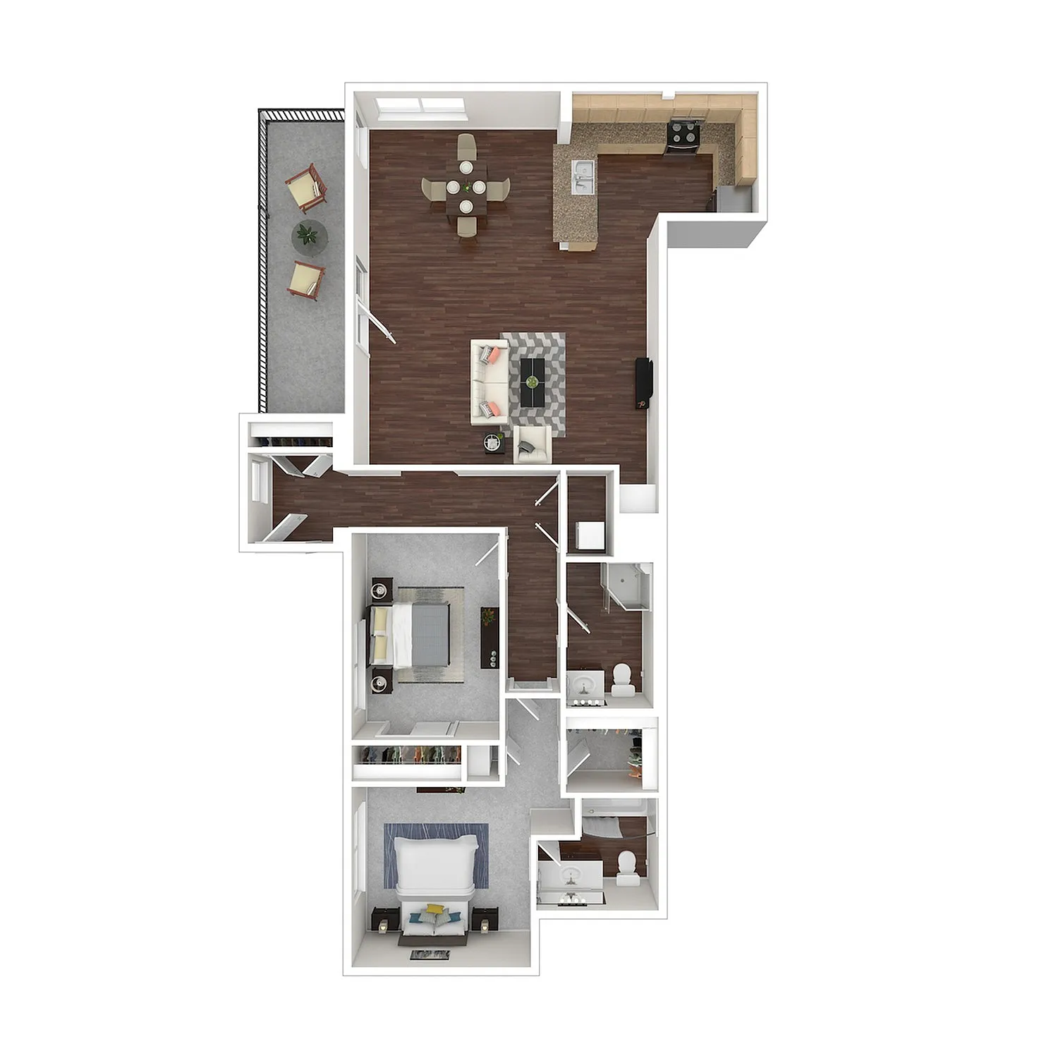 Elegant 3D floor plan showcasing two spacious bedrooms, modern kitchen, cozy living room, and a private balcony.