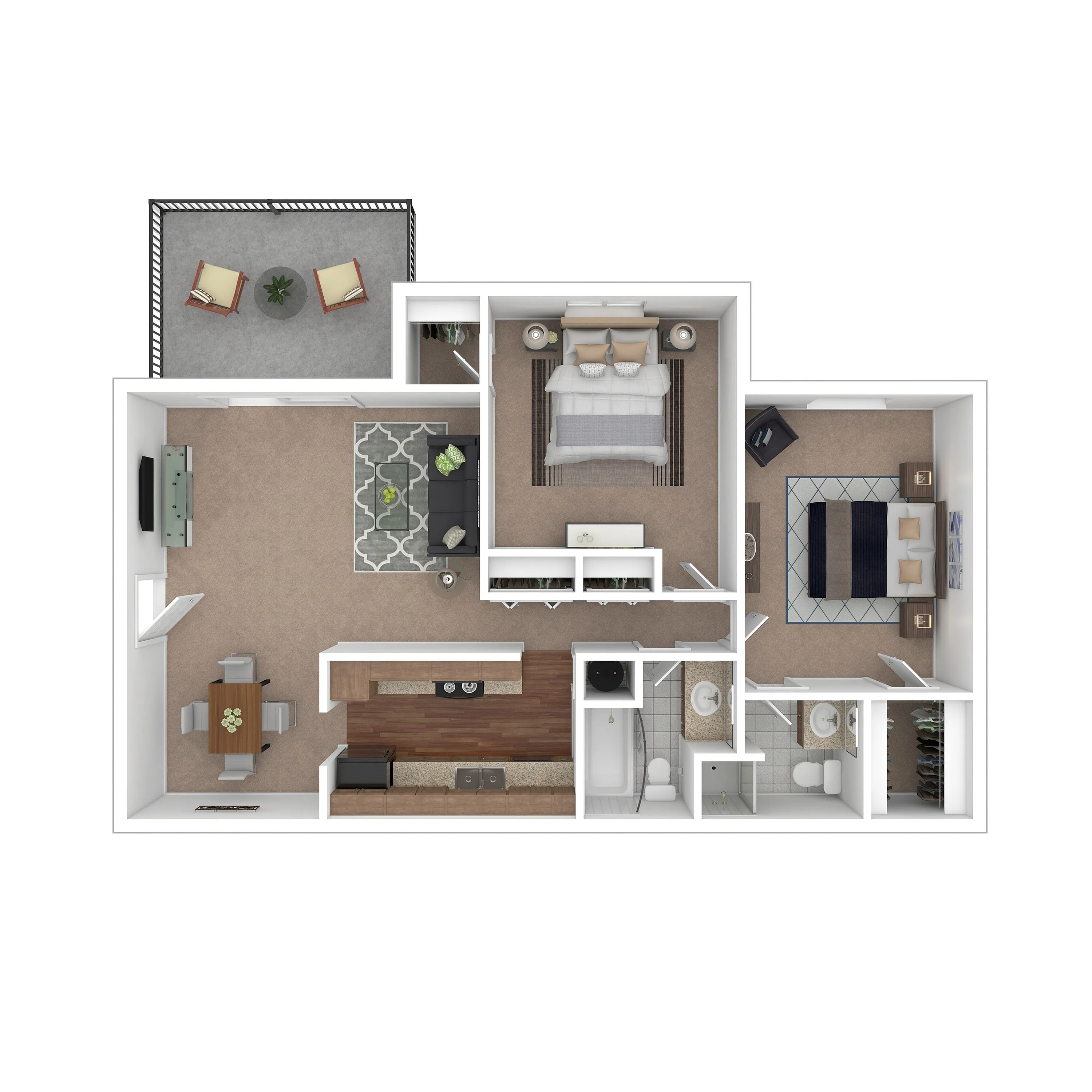 Modern 3D floor plan featuring 2 spacious bedrooms, cozy living room, contemporary kitchen with an island, and a private balcony.