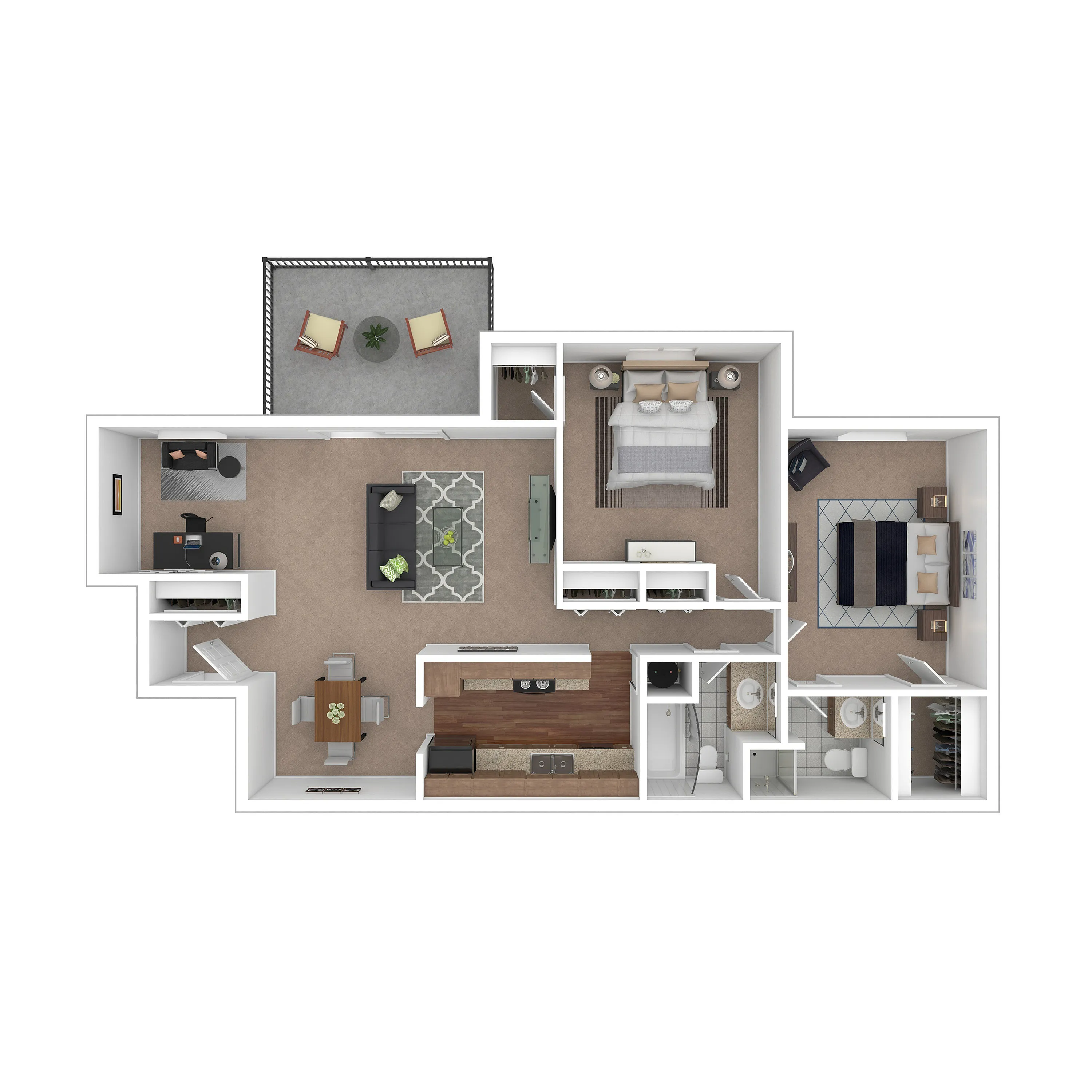 Contemporary 3D floor plan showcasing 2 bedrooms, a cozy living area, modern kitchen, dedicated office space, and a private balcony.