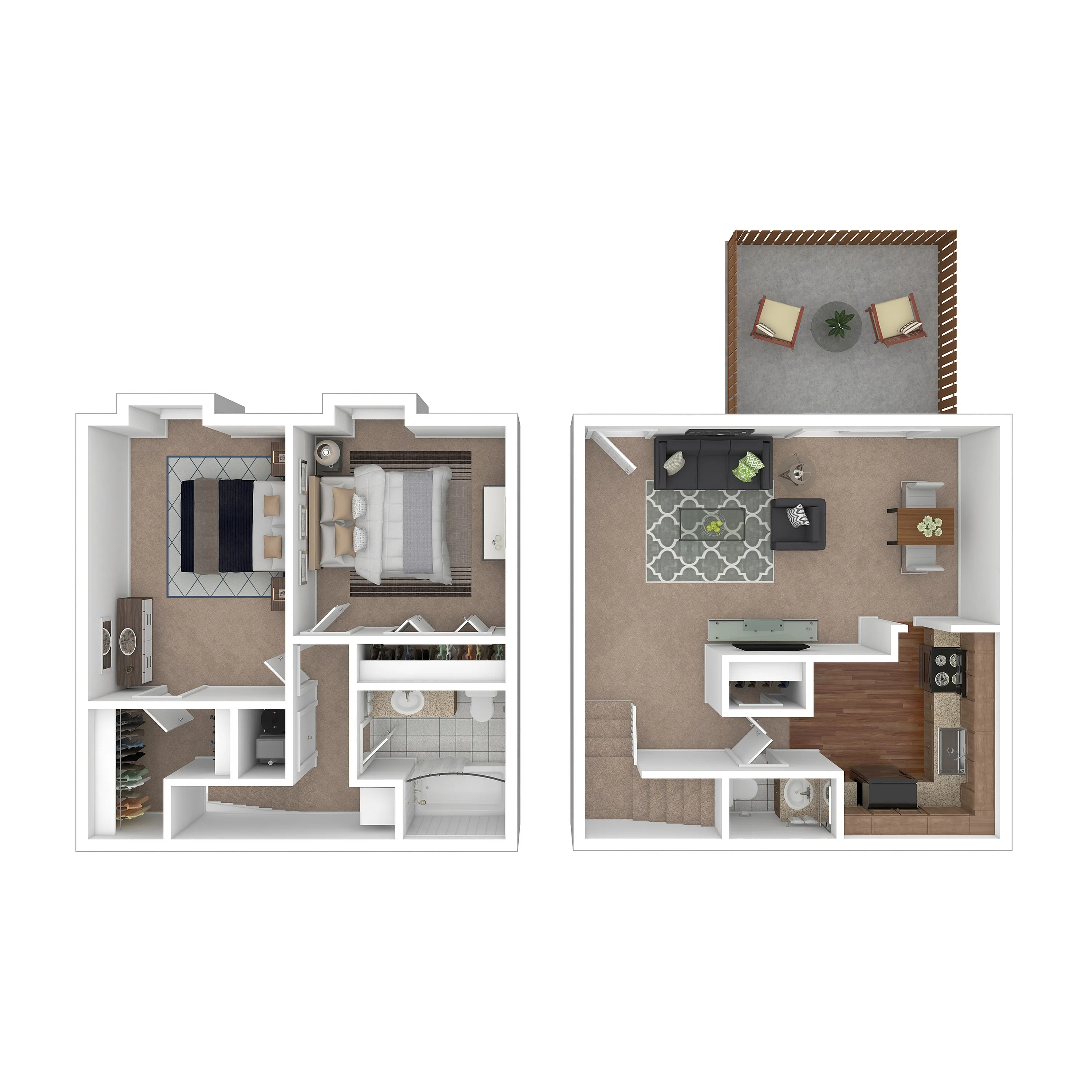 Elegant 3D floor plan showcasing two bedrooms, a cozy living room, modern kitchen, and a charming balcony.