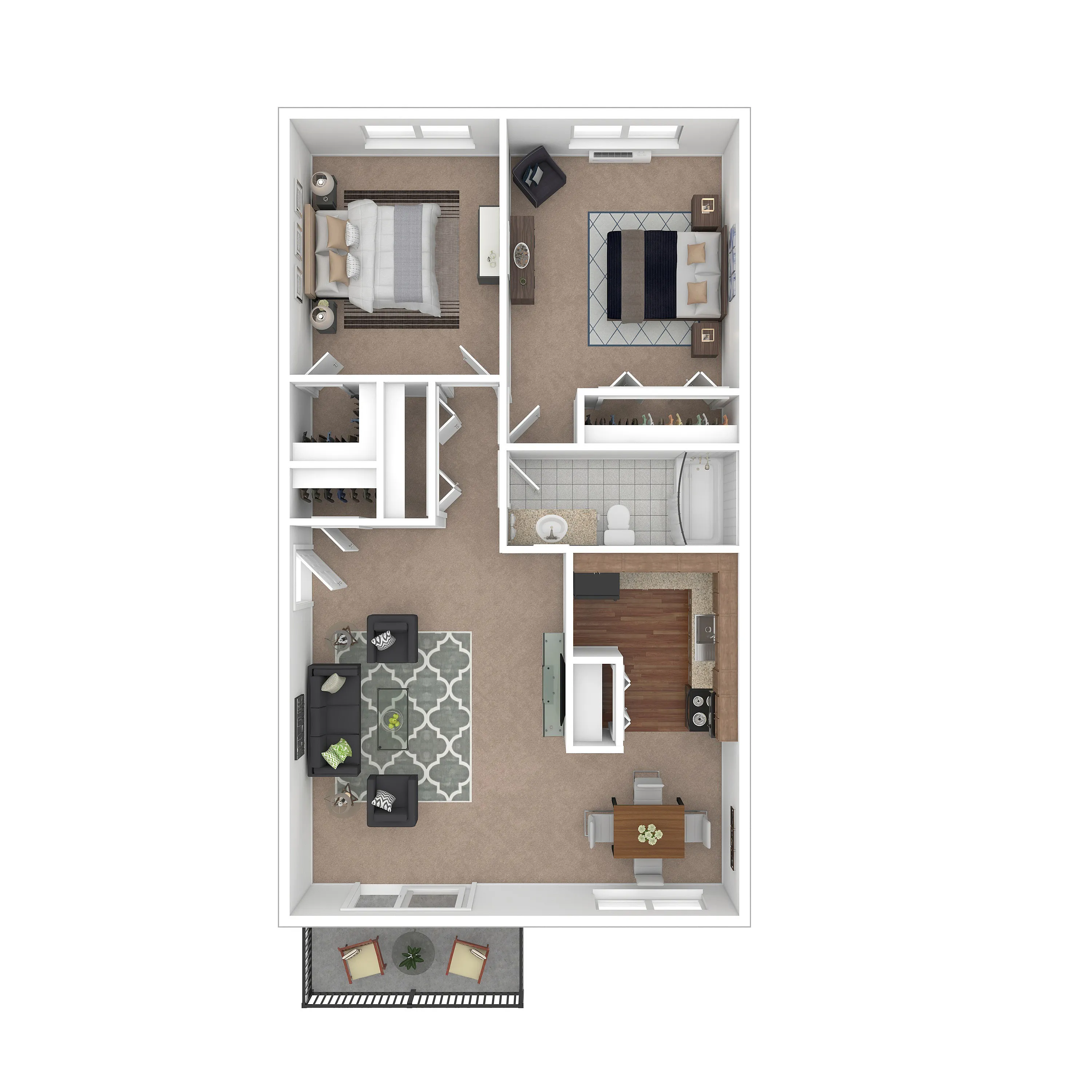 Contemporary 3D floor plan featuring 2 cozy bedrooms, a modern kitchen, inviting living area, and a charming balcony.