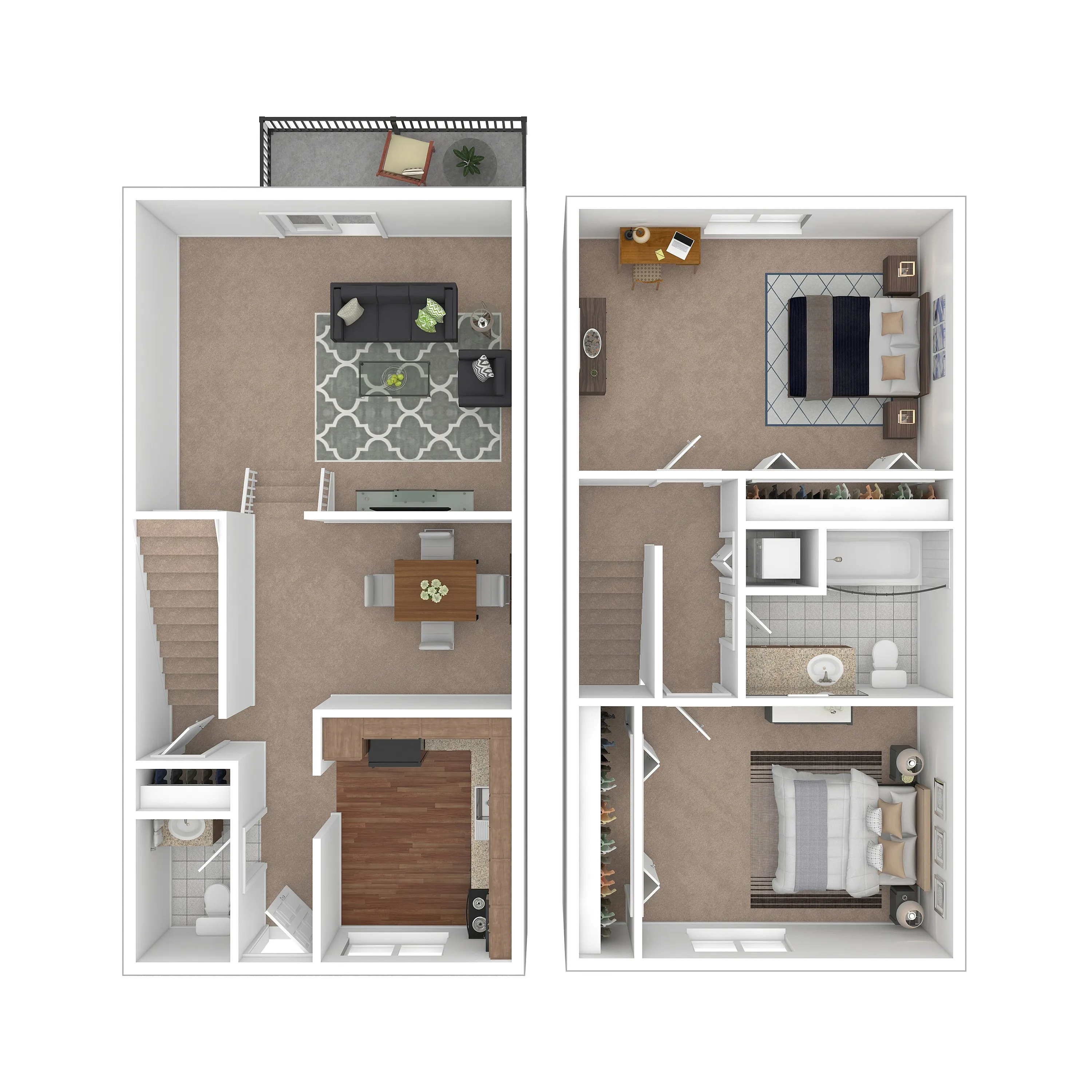 Modern two-story floor plan with an inviting living area, stylish dining space, functional kitchen, two cozy bedrooms, and a charming balcony.