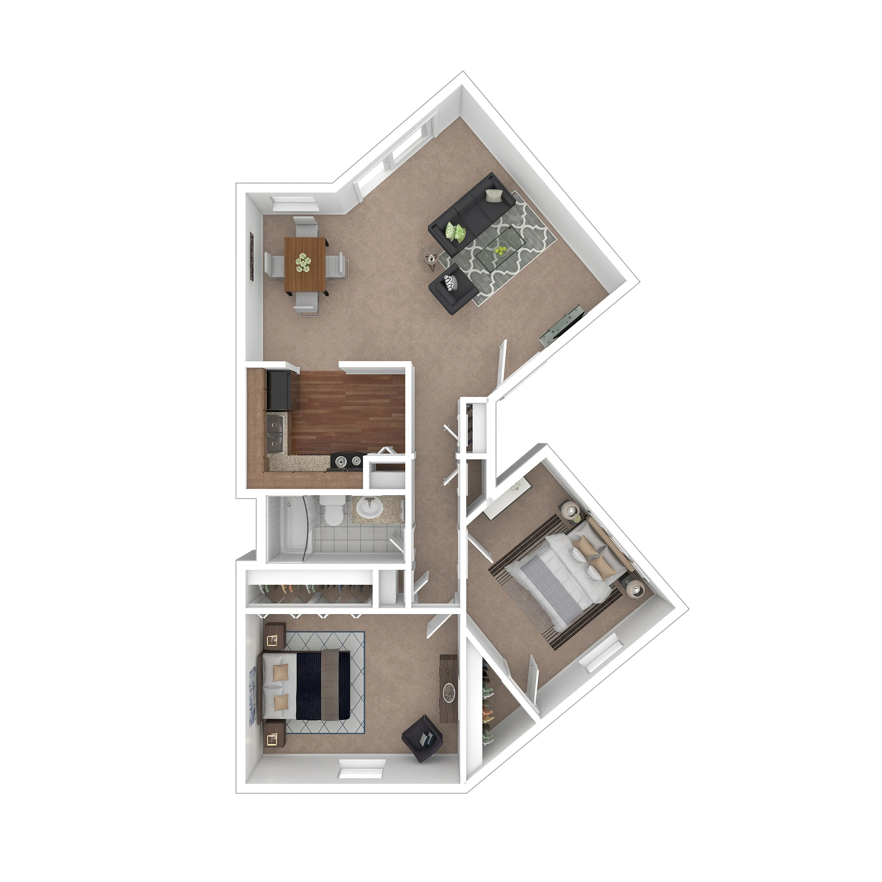 Modern 3D floor plan showcasing a stylish two-bedroom apartment with an open living-dining area, spacious kitchen, and full bathroom.