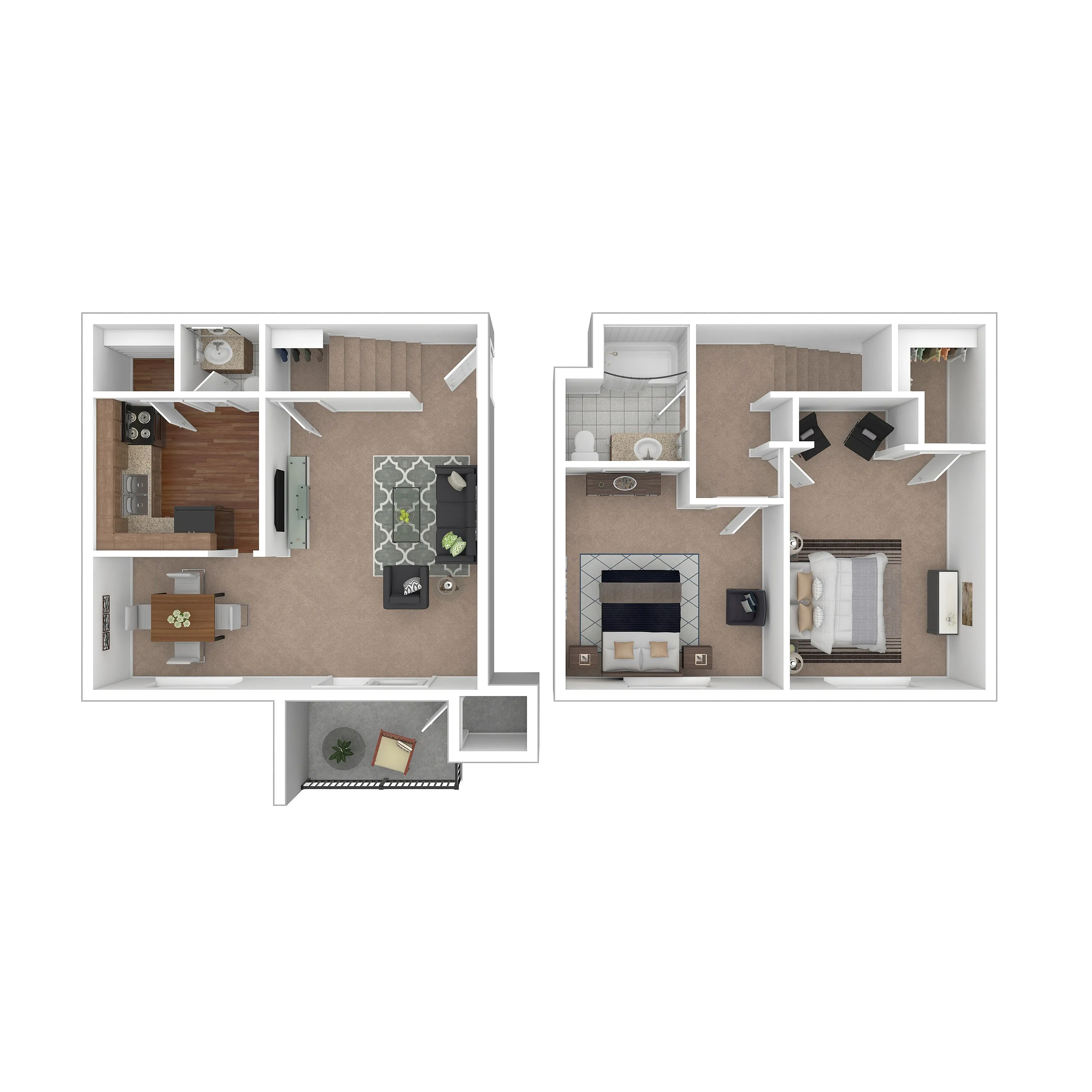 Chic 3D floor plan featuring a stylish living area, modern kitchen, cozy dining space, and two inviting bedrooms with bathroom.