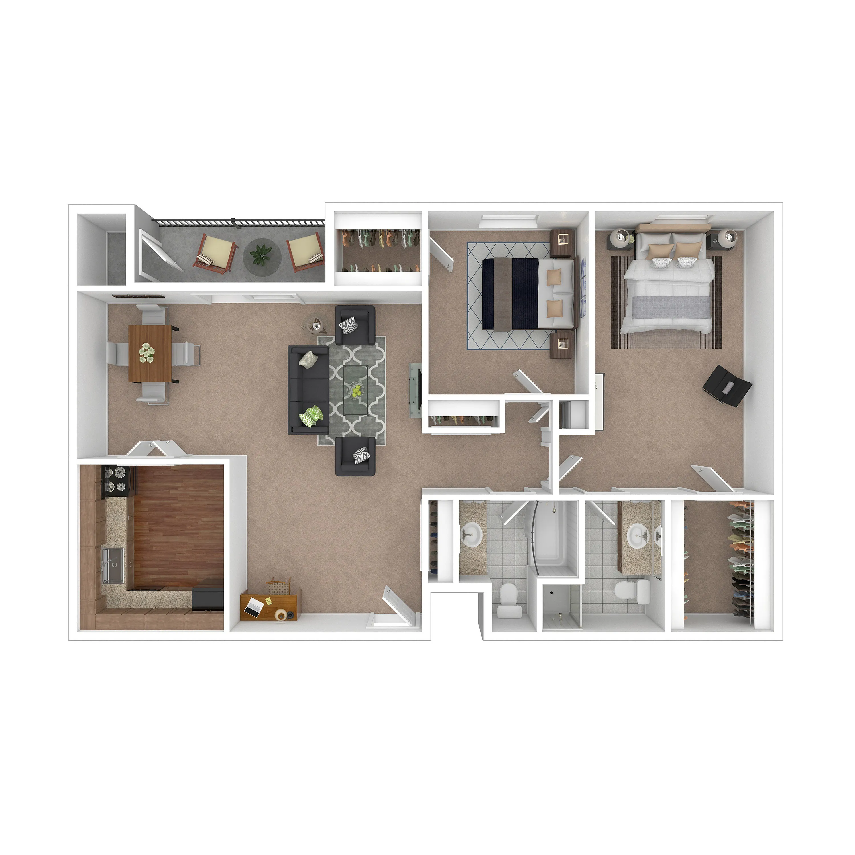 Modern floor plan showcasing an elegant 2-bedroom apartment with a spacious living room, stylish kitchen, cozy dining area, and luxurious bathroom.