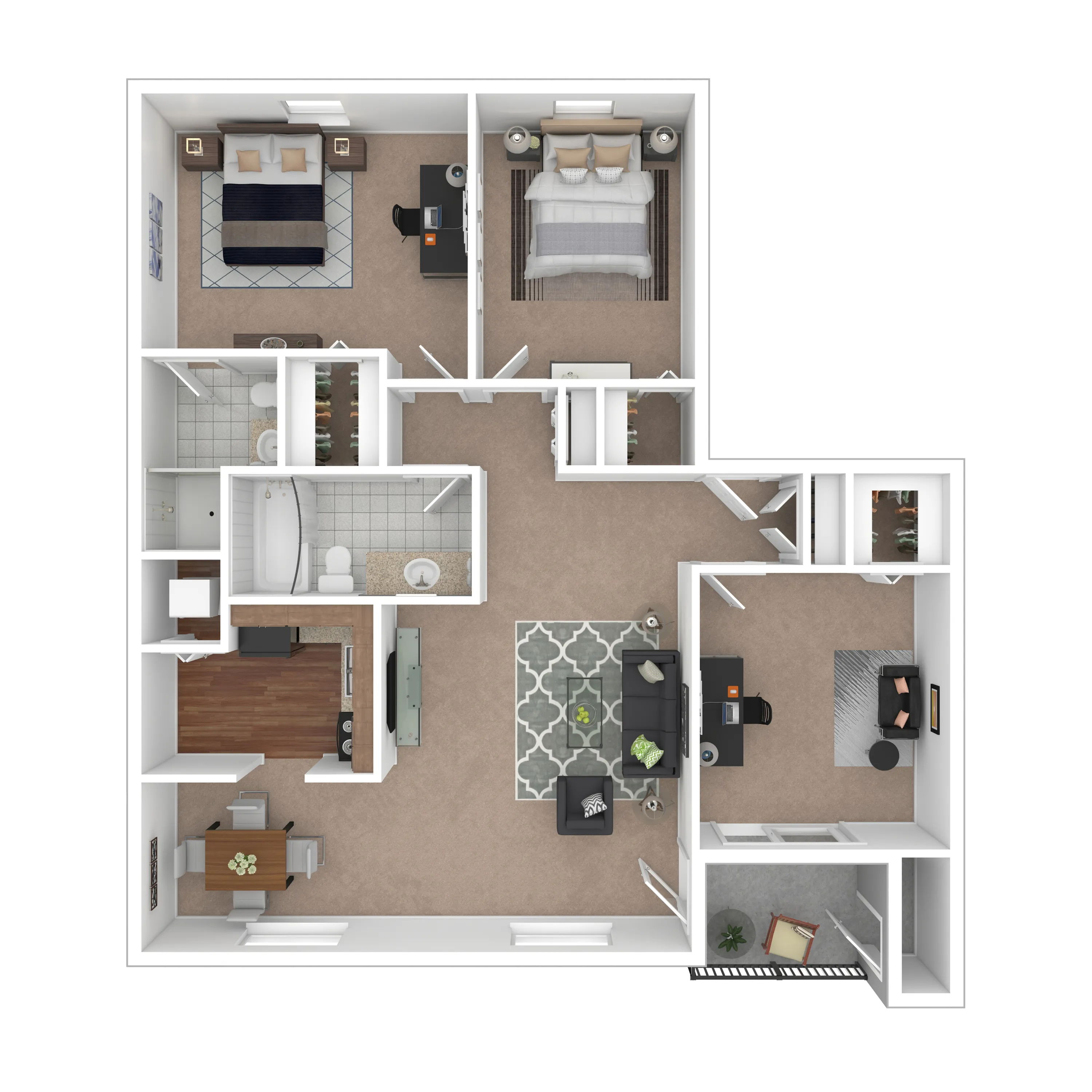Elegant 3D floor plan with 2 bedrooms, a cozy living room, modern kitchen, and stylish home office. Perfect for comfortable living and entertaining guests.