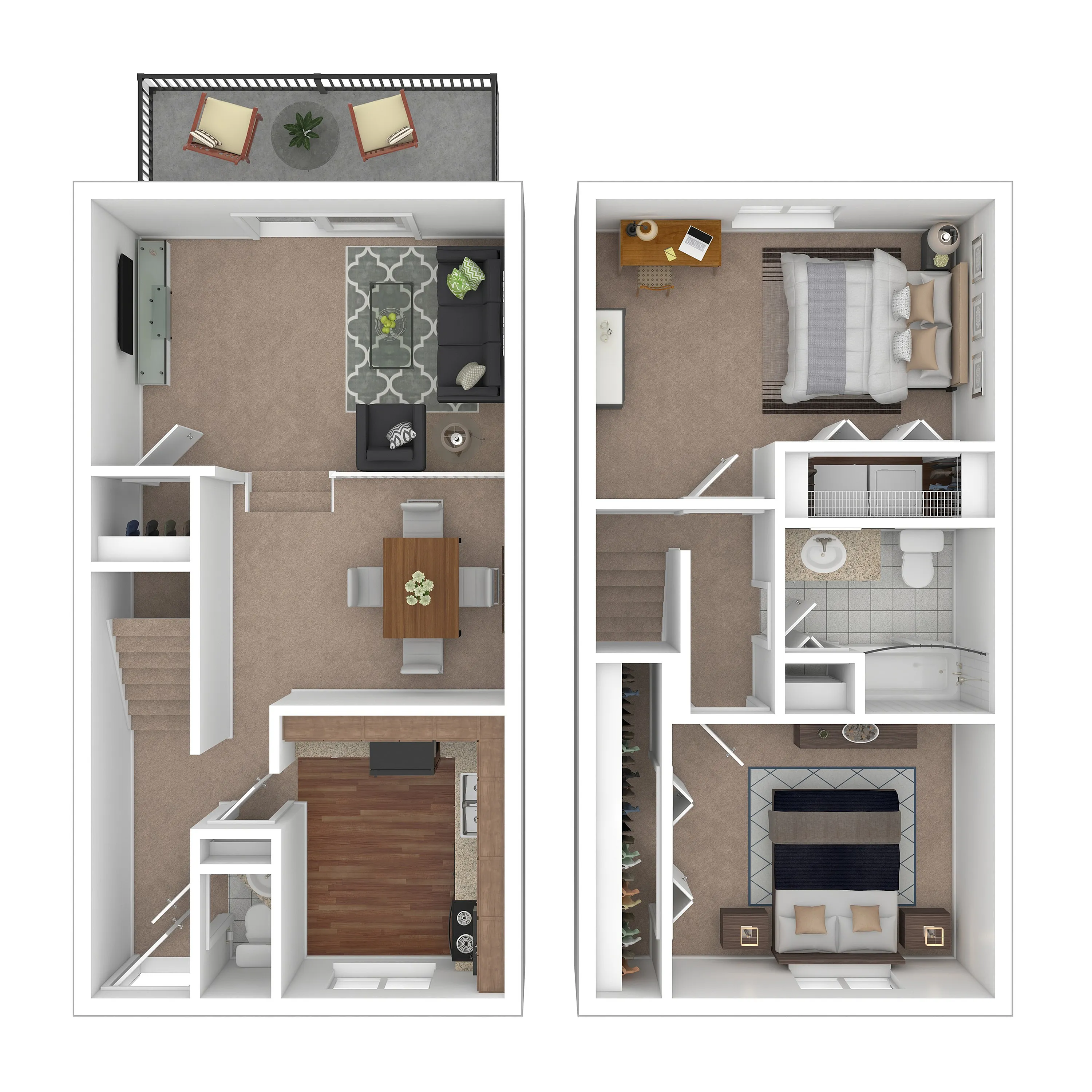 Modern floor plan layout featuring two-story design with inviting living room, dining area, sleek kitchen, two cozy bedrooms, and spacious bathroom, complemented by a charming outdoor balcony.