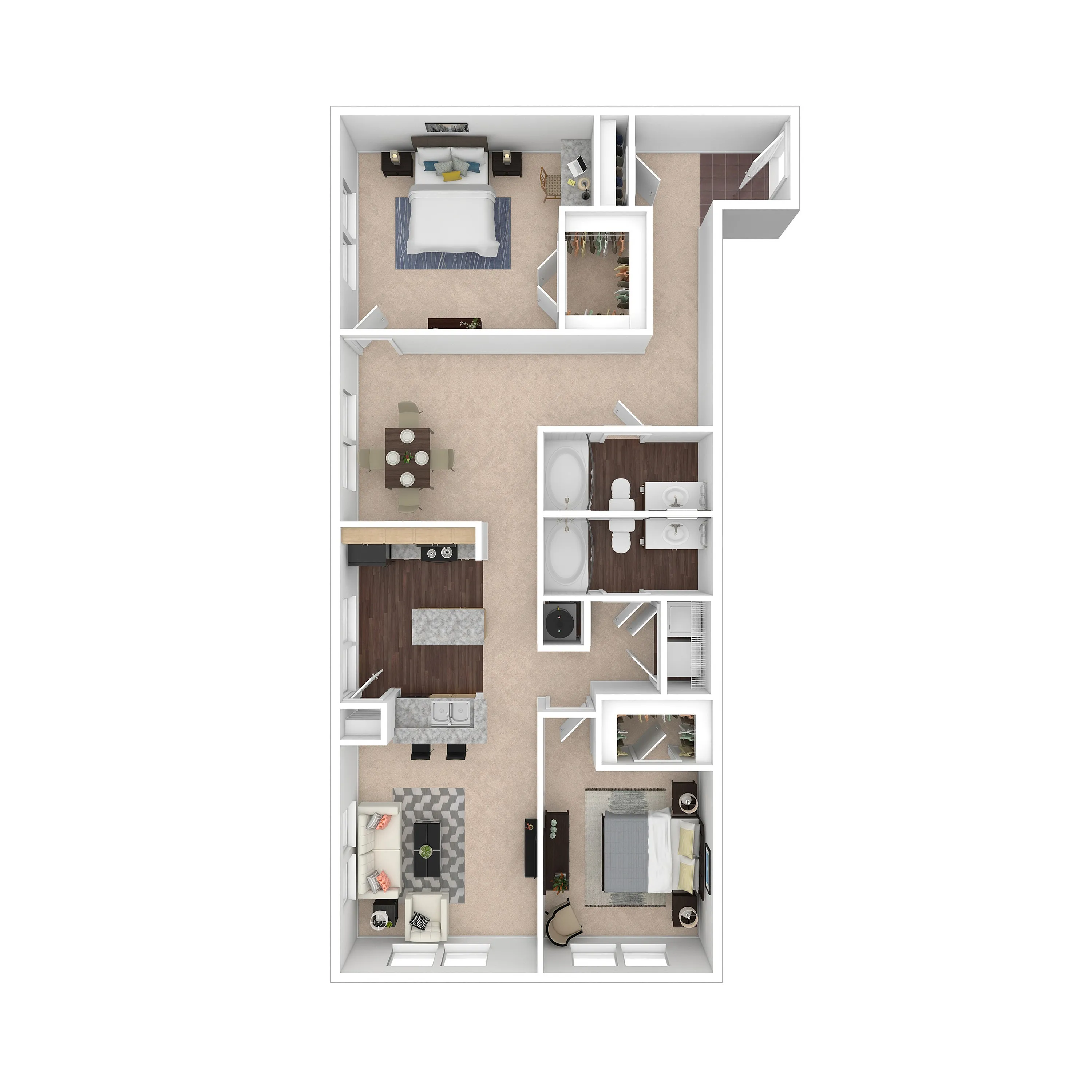 Modern 3D floor plan showcasing a spacious two-bedroom apartment with a cozy living room, open kitchen, and two bathrooms, offering a blend of style and functionality.