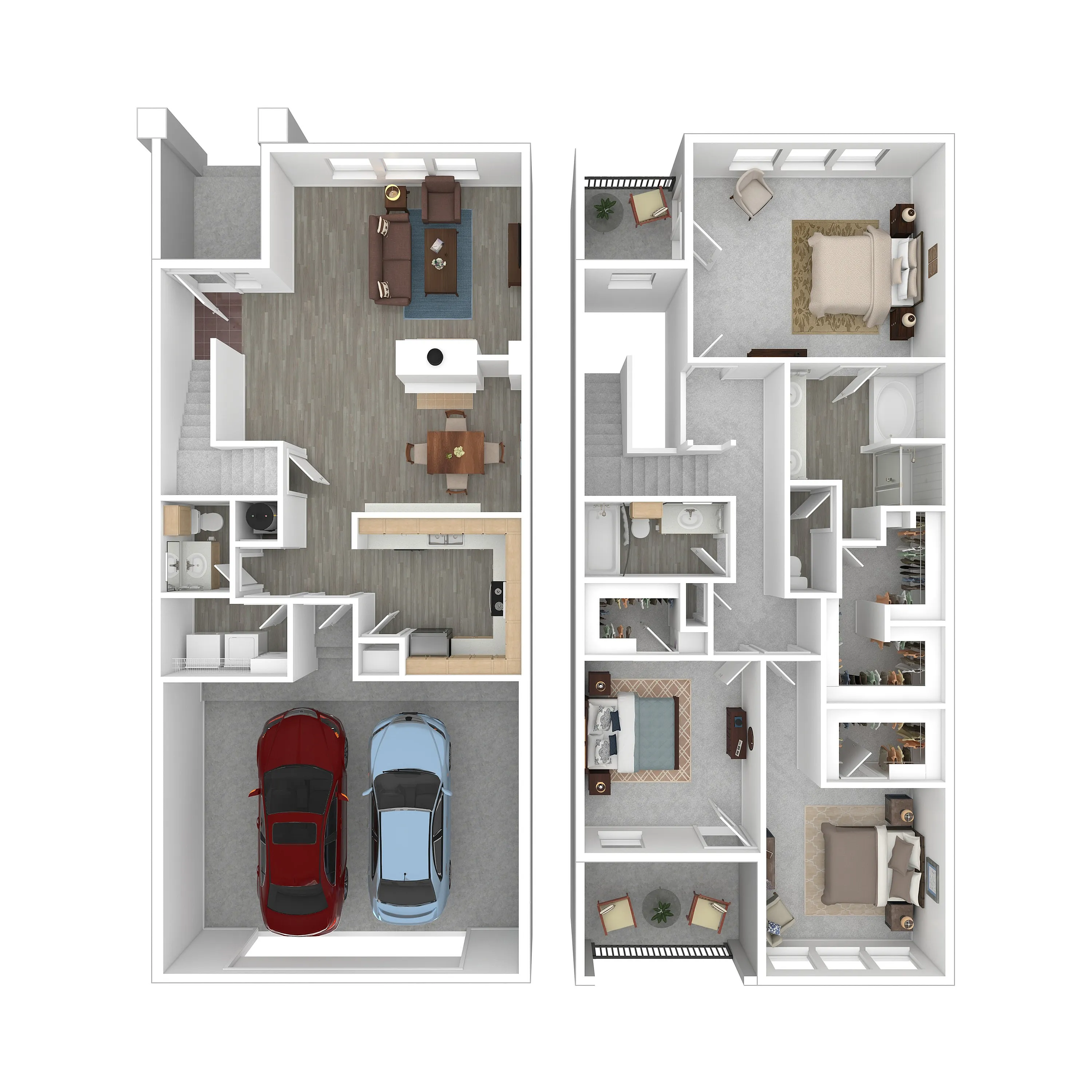 Modern 3D floor plan showcasing a spacious two-story layout with 3 bedrooms, open-plan living area, stylish kitchen, and a double garage.