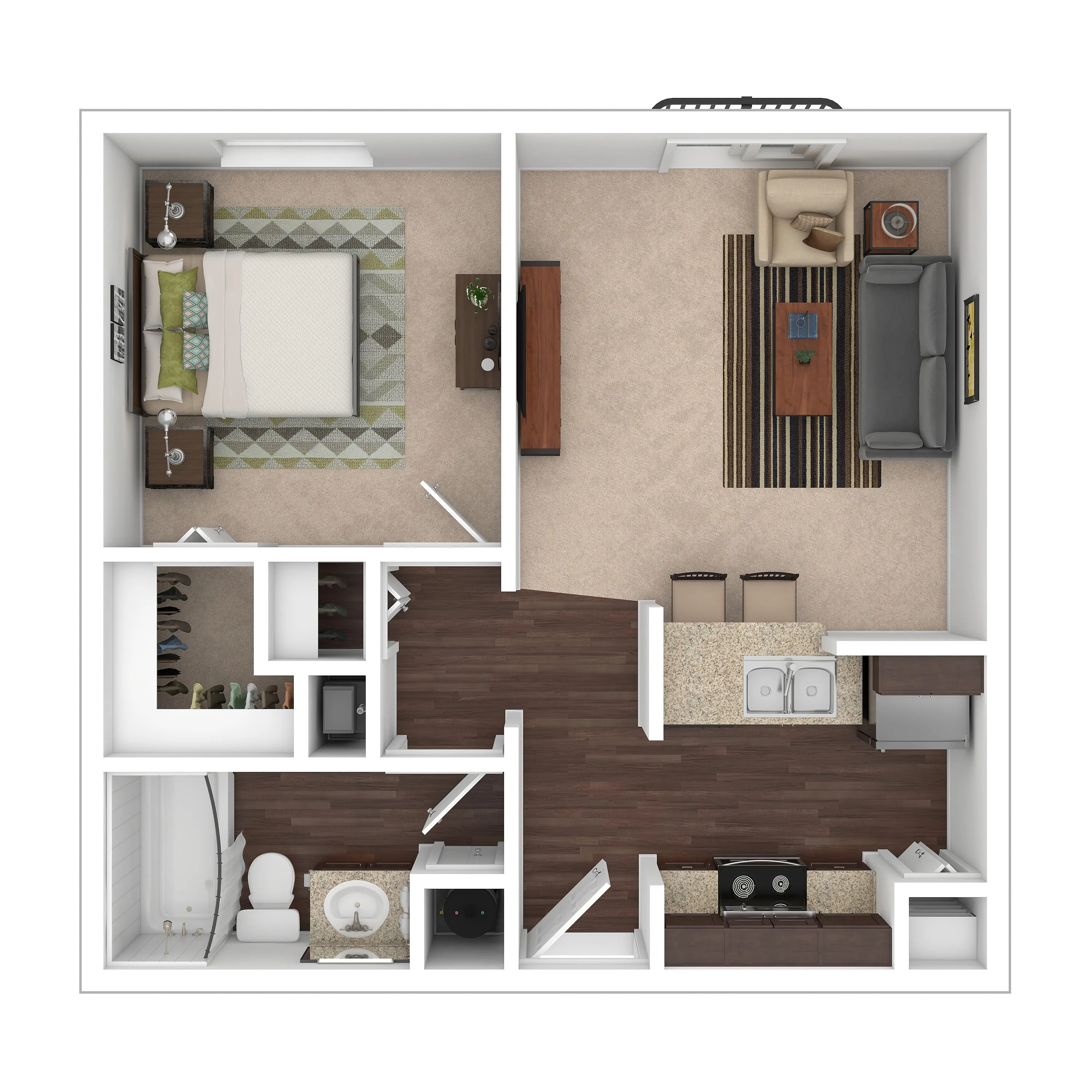 Modern 1-bedroom apartment floor plan showcasing a cozy living room, open kitchen with breakfast bar, and spacious bathroom.