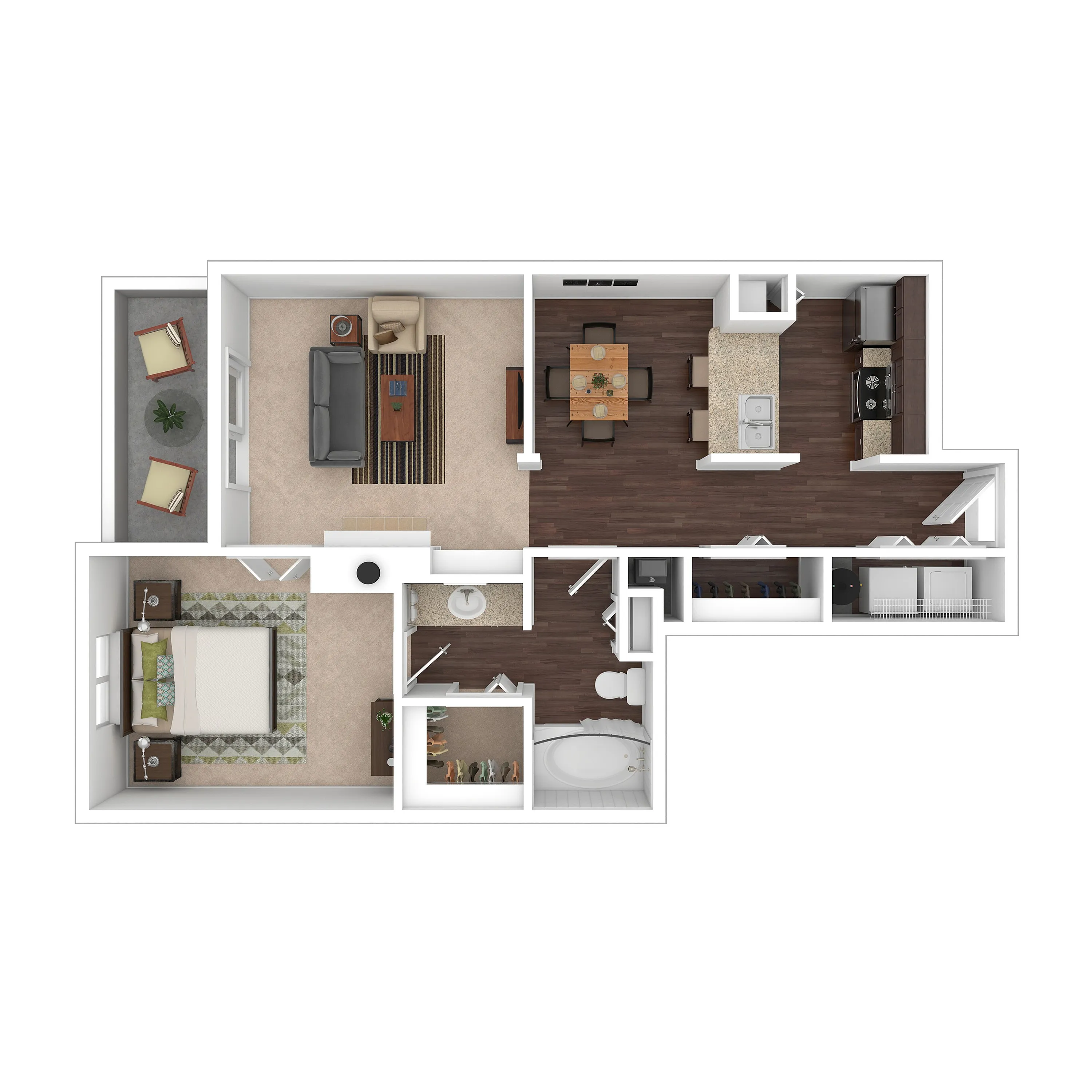 Modern floor plan showcasing 1 bedroom, spacious living room, dining area, and sleek kitchen with balcony access.